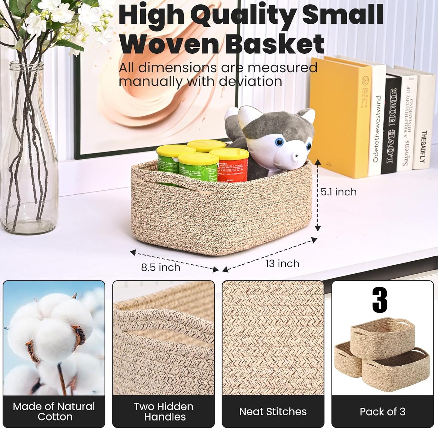 Small Baskets for Organizing, Woven Storage Baskets for Shelves, Small Rope Basket for Storage