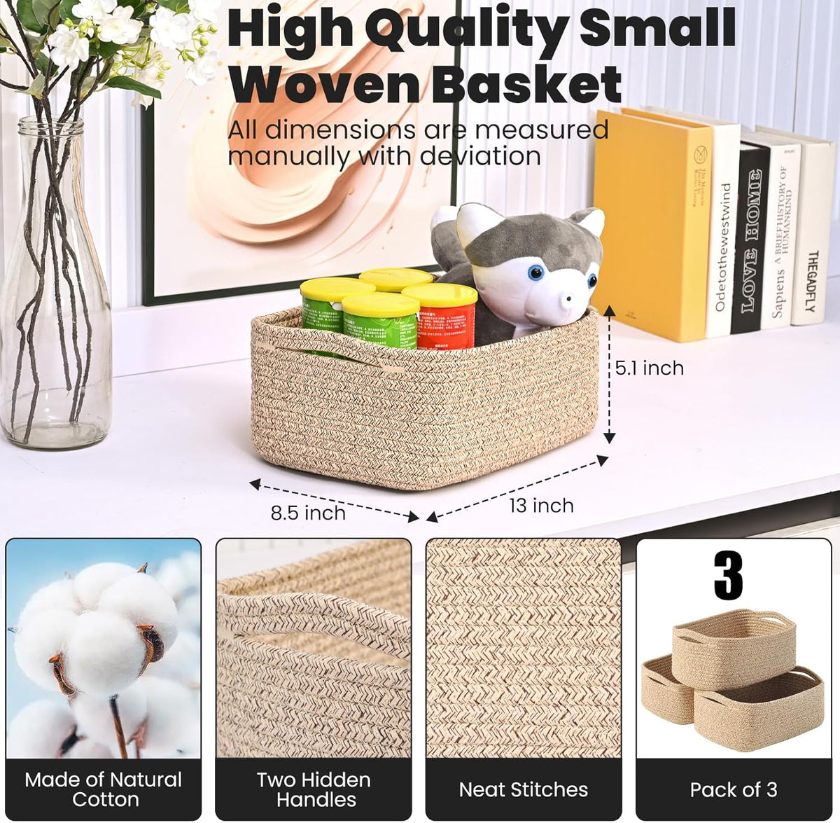 Small Baskets for Organizing, Woven Storage Baskets for Shelves, Small Rope Basket for Storage