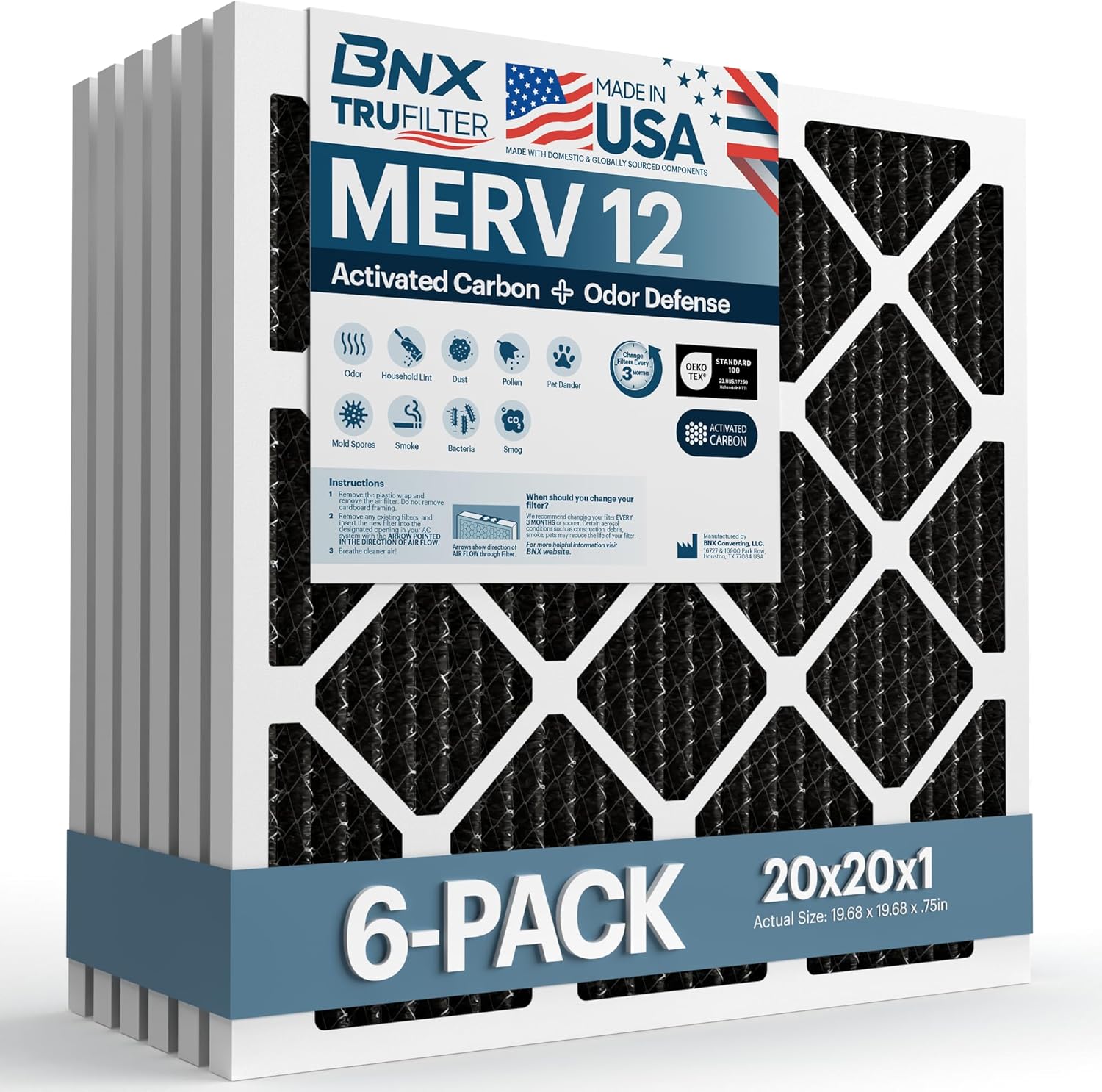 BNX TruFilter 20x20x1 MERV 12 Odor Defense (6-Pack) AC Furnace Air Filter with Activated Carbon