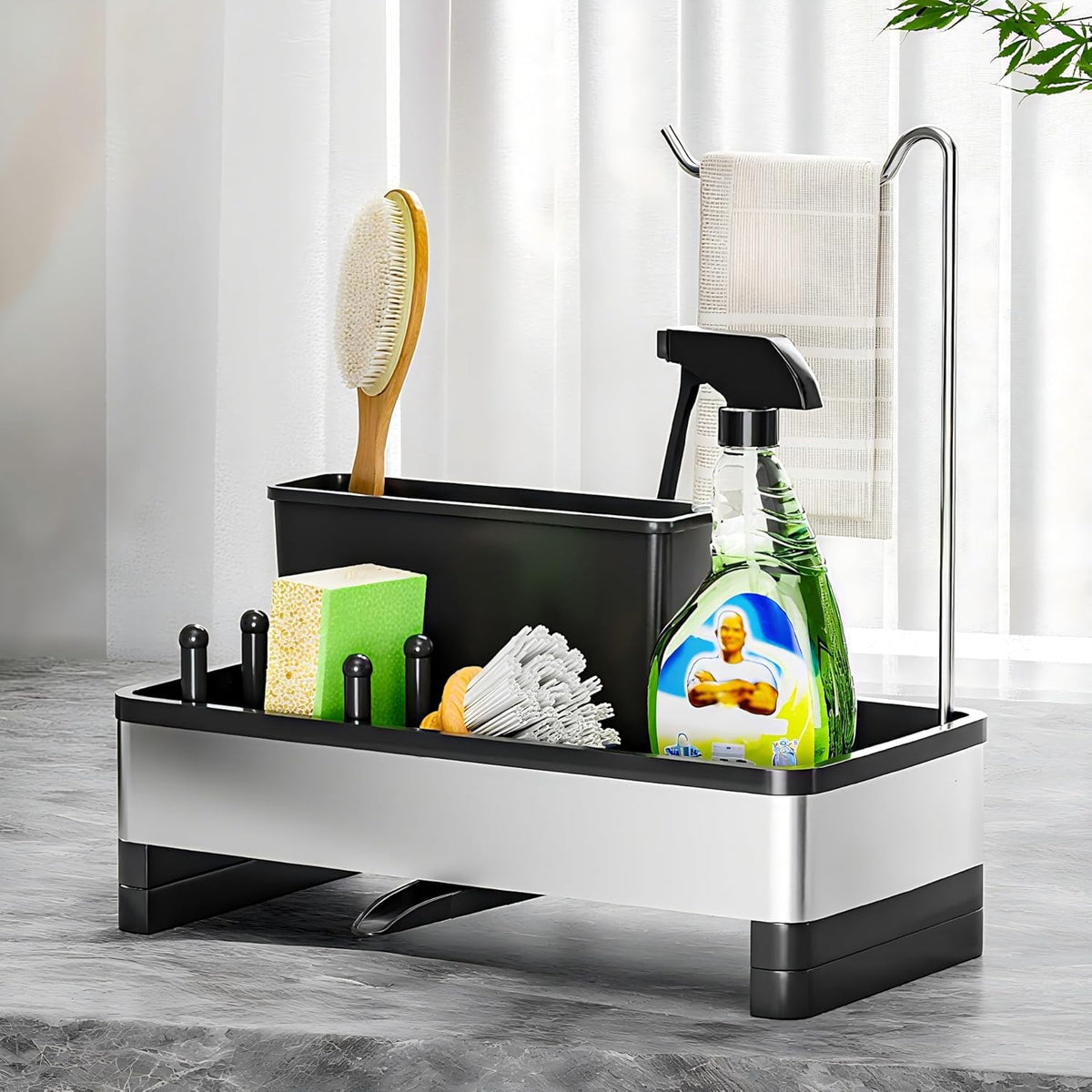 Stainless Steel Sink Caddy, Sponge Holder for Kitchen Sink with Brush Holder & Dishcloth Rack