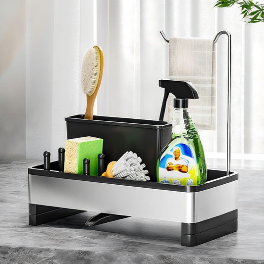Stainless Steel Sink Caddy, Sponge Holder for Kitchen Sink with Brush Holder & Dishcloth Rack
