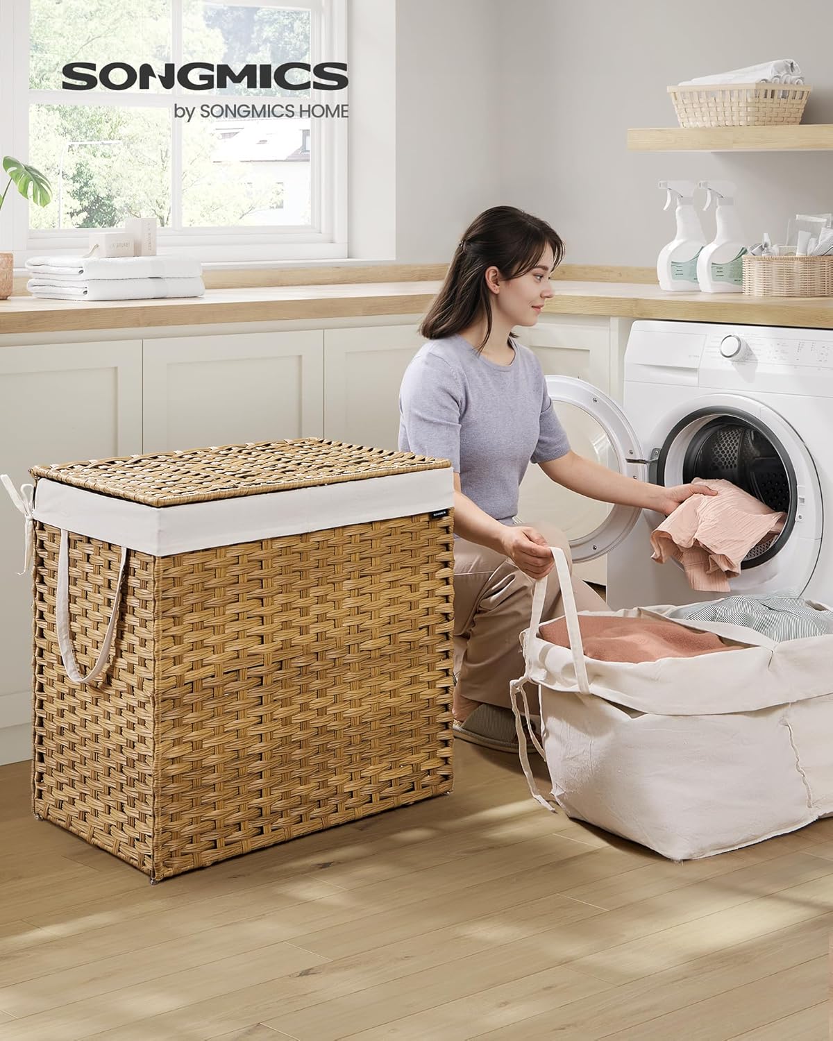 SONGMICS Laundry Hamper with Lid, 160 L Clothes Hamper with 2 Removable Liner Bags, 6 Mesh Bags