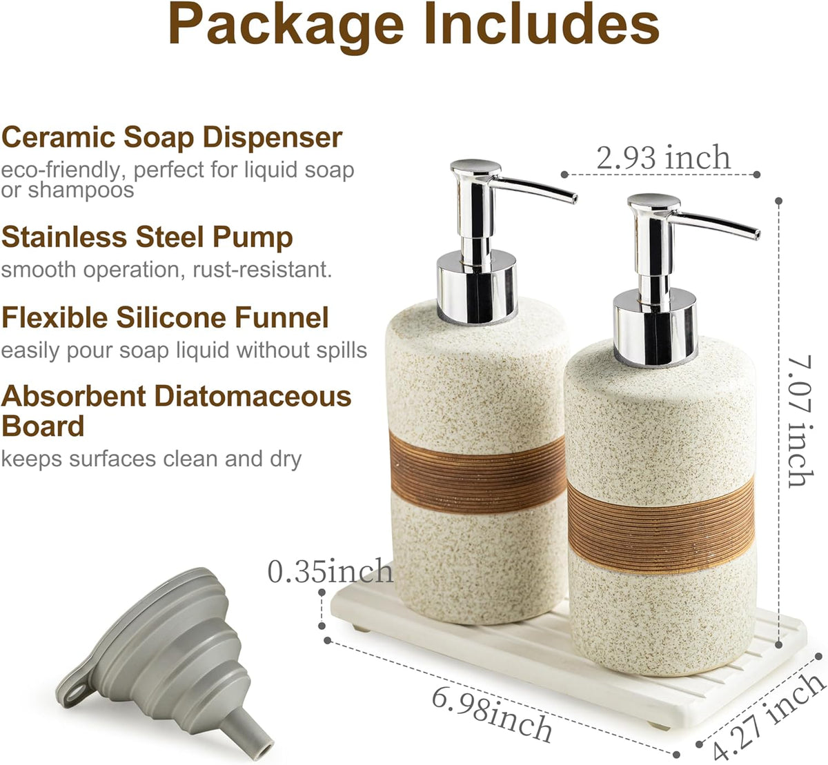 2-Pack Ceramic Soap Dispensers Set, Includes Stainless Steel Pump, Silicone Funnel and Diatomaceous