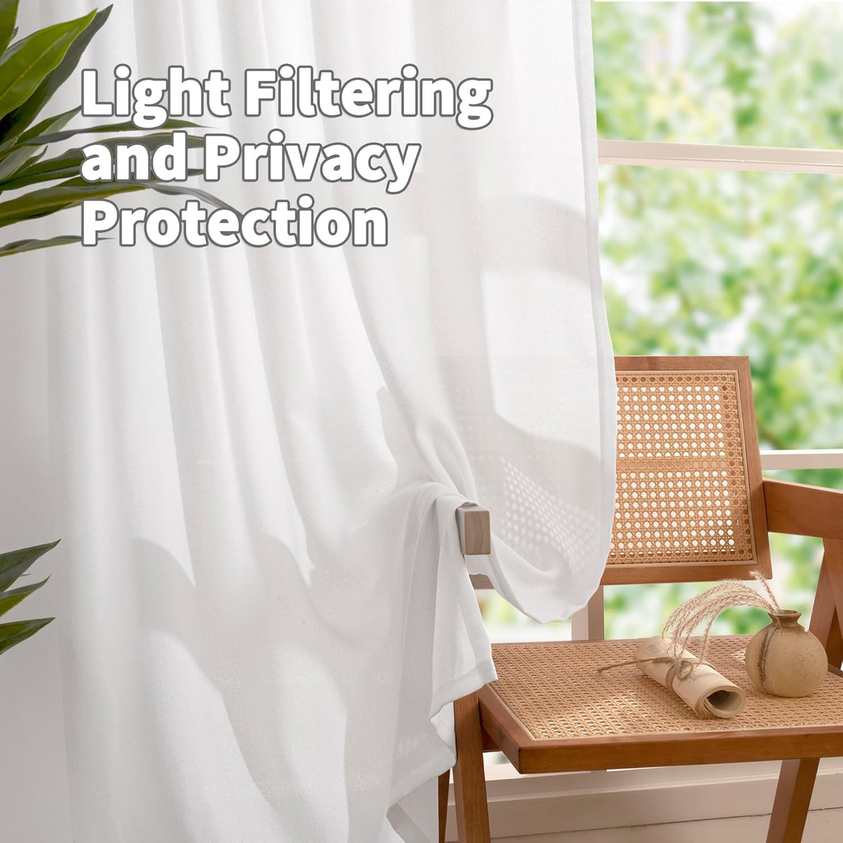 YoungsTex White Linen Semi Sheer Curtains for Living Room 84 Inch Length 2 Panels - Light Filtering