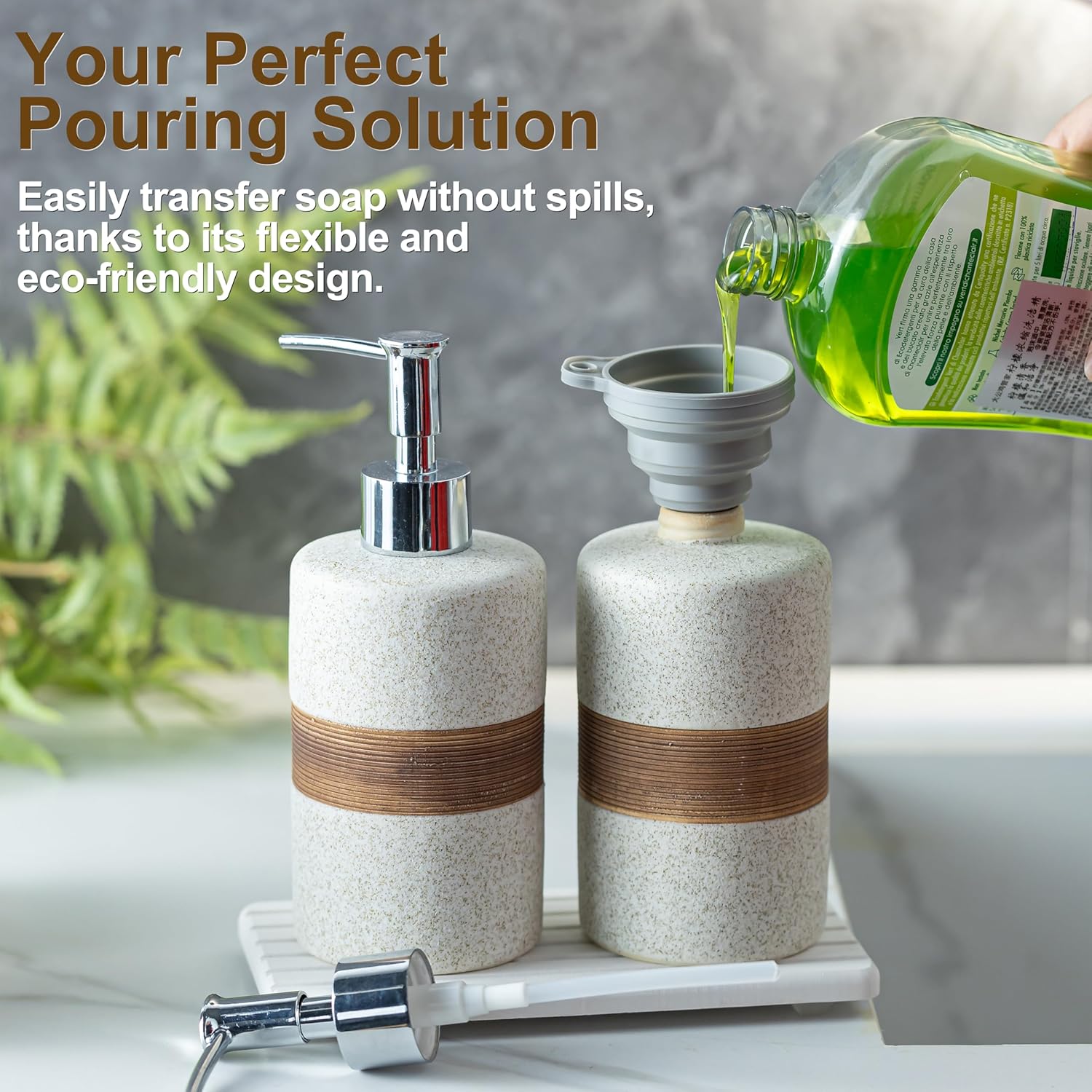 2-Pack Ceramic Soap Dispensers Set, Includes Stainless Steel Pump, Silicone Funnel and Diatomaceous