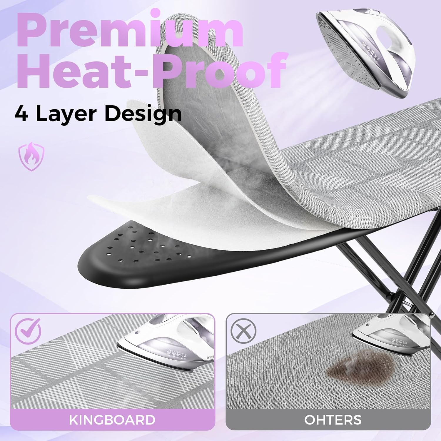 KINGBOARD Ironing Board, Compact Iron Board with Silicon Iron Mat, Heat Resistant Cover, 7 Height