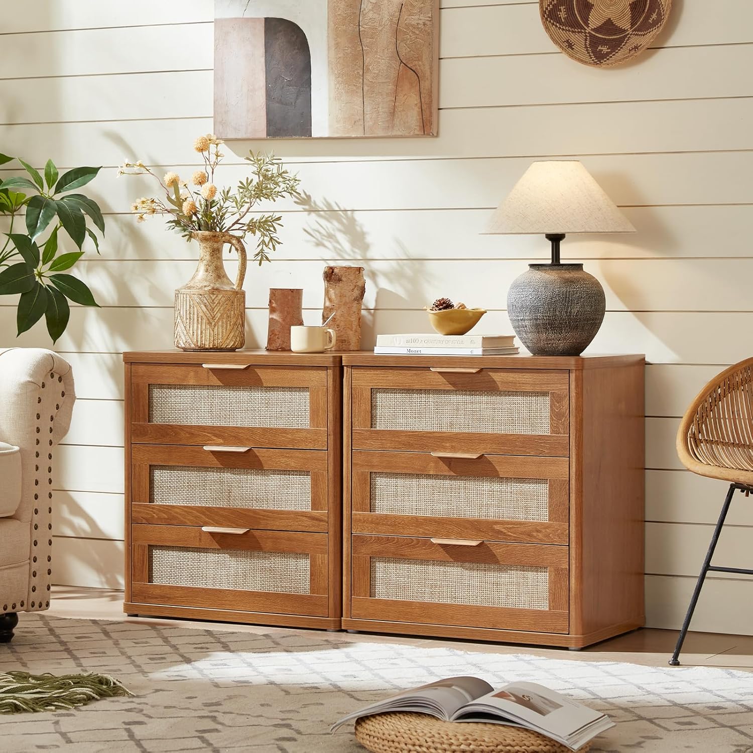 LEYAOYAO Rattan Night Stand Set of 2 with Drawers, 23" Large 3 Drawer Boho Nightstand, Natural Wood