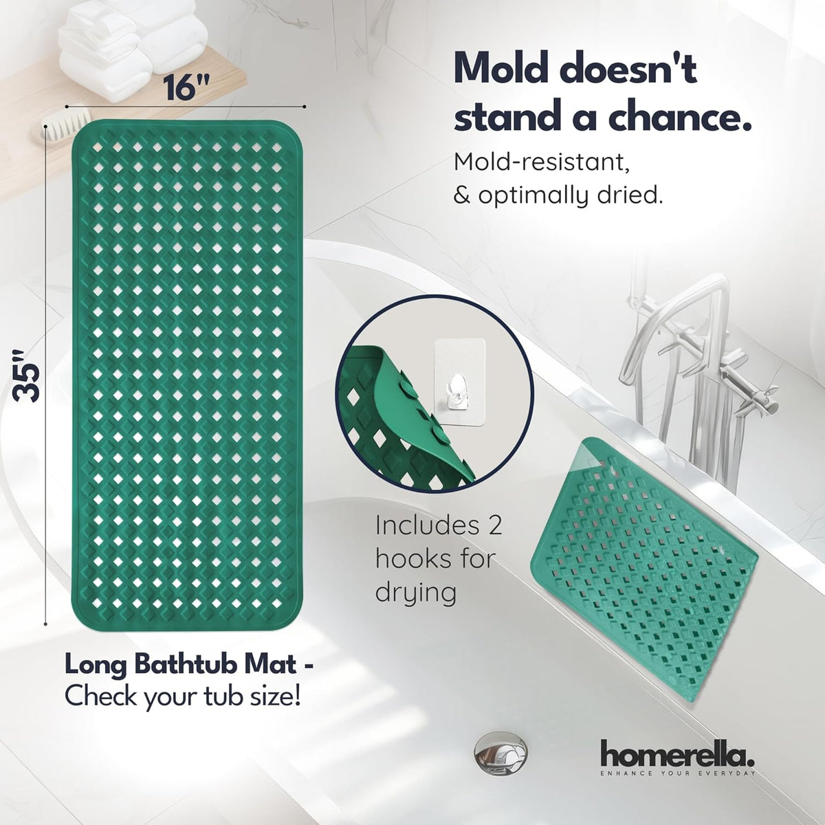 homerella® Bathtub Mat Non Slip 35x16, Incl. Hooks for Drying, Extra Long, 100% BPA Free, Shower