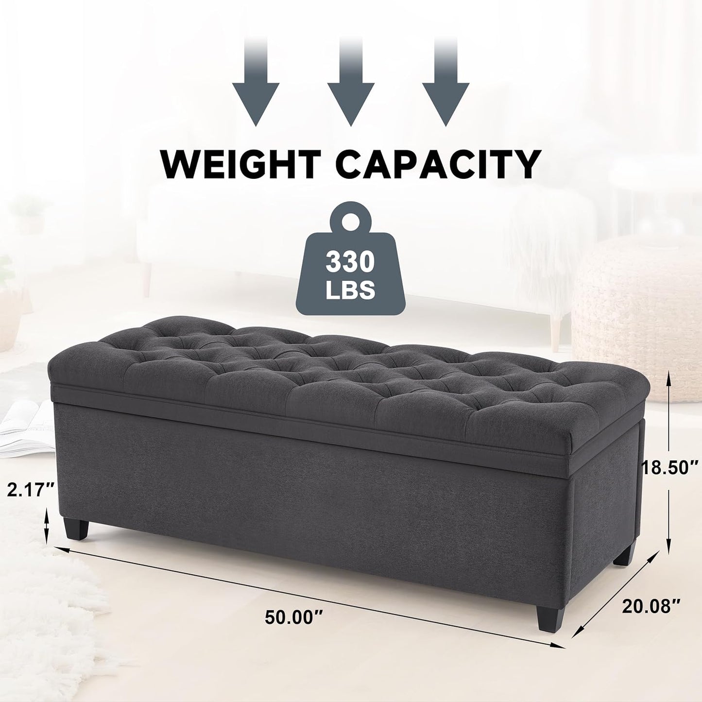 50" Storage Ottoman Bench, Tufted Ottoman with Storage for Living Room, Large End of Bed Ottomans