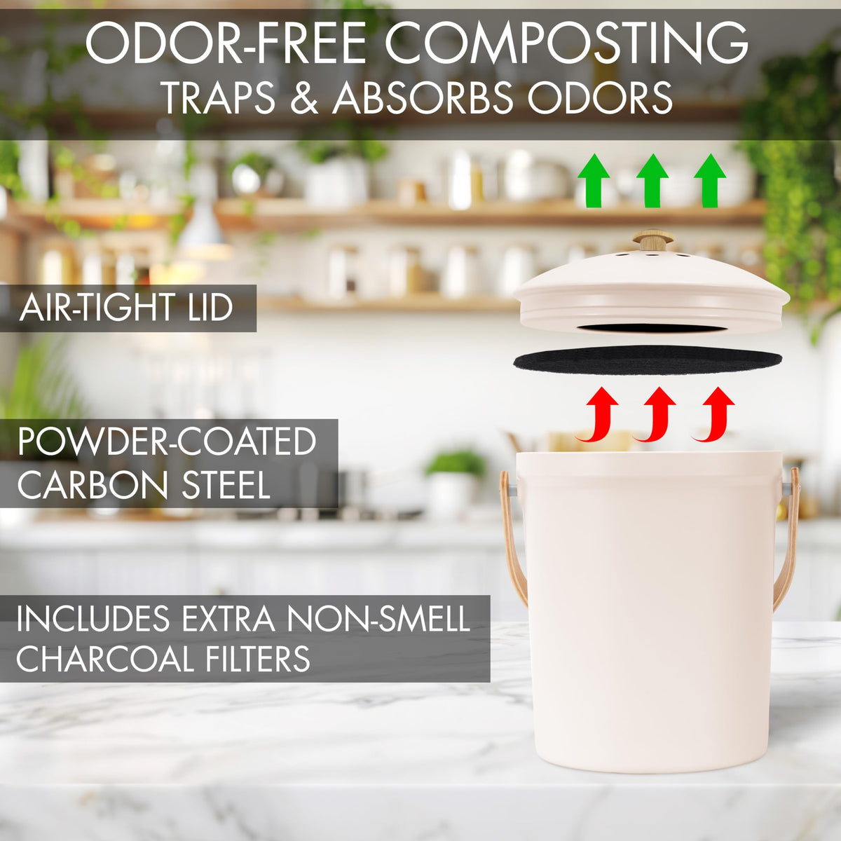 Beautiful Kitchen Compost Bin with Smell Proof Lid - Rust Proof and Odorless Compost Bucket for
