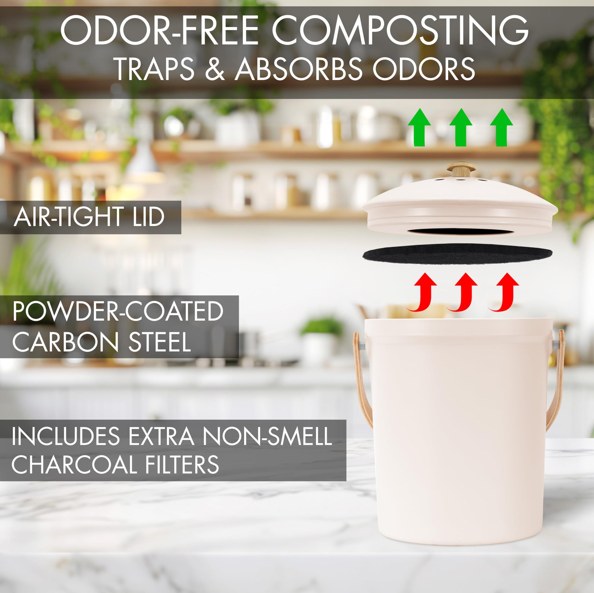Beautiful Kitchen Compost Bin with Smell Proof Lid - Rust Proof and Odorless Compost Bucket for