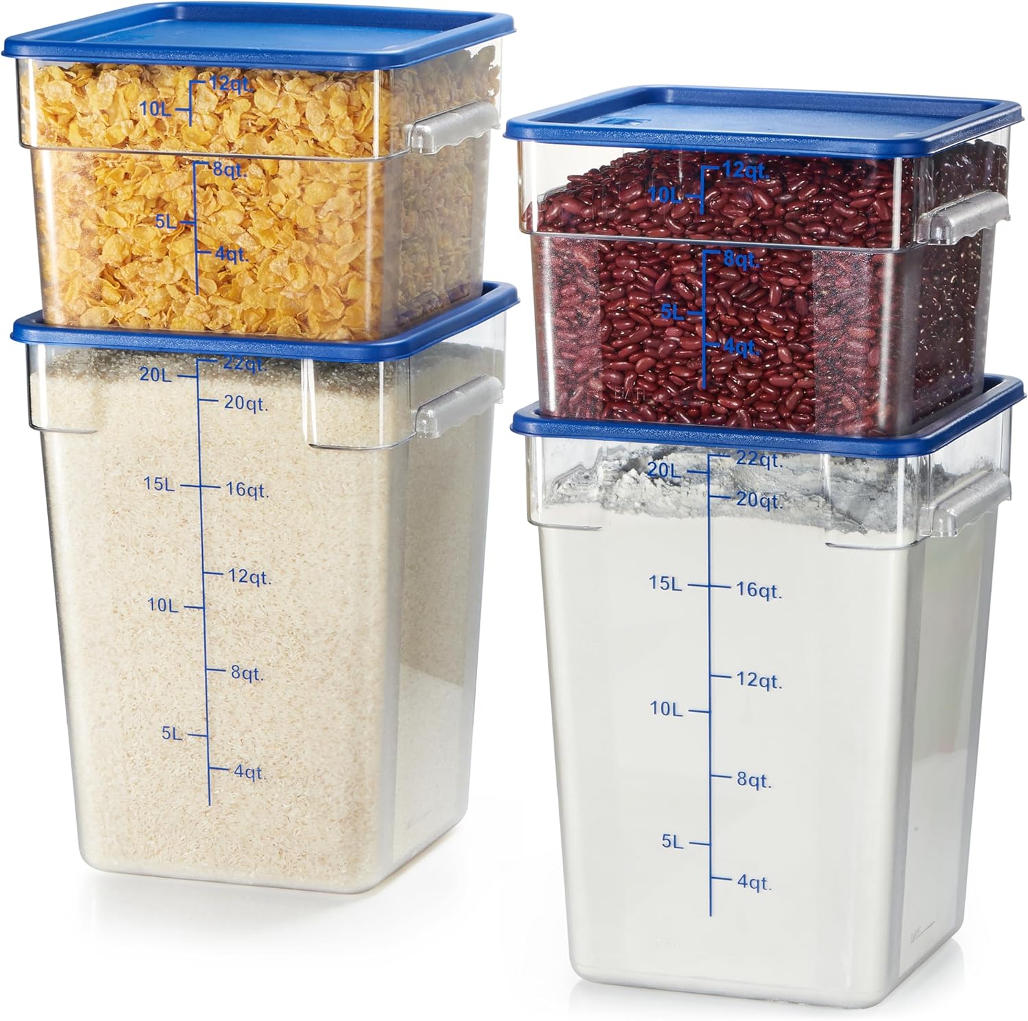 CURTA 4-Pack Food Storage Containers with Blue Lids - 12 Qt & 22 Qt Square Clear Polycarbonate
