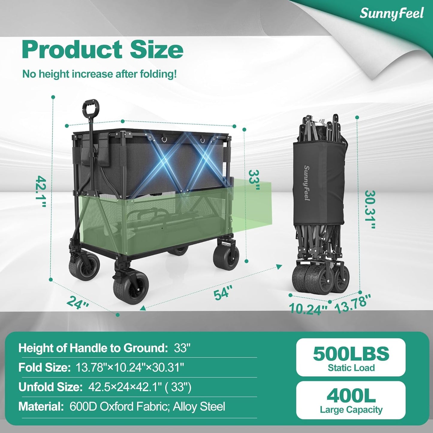 SUNNYFEEL Double Decker Wagon, Collapsible Outdoor Utility Wagon Cart 500LB Capacity Adjustable