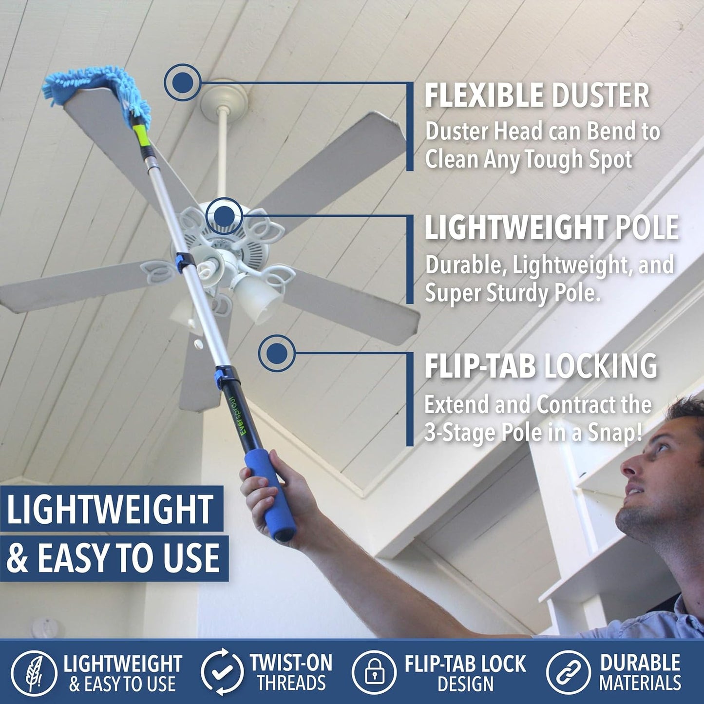 EVERSPROUT 3 Foot Flexible Microfiber Ceiling & Fan Duster | Bendable to Clean Any Fan Blade |