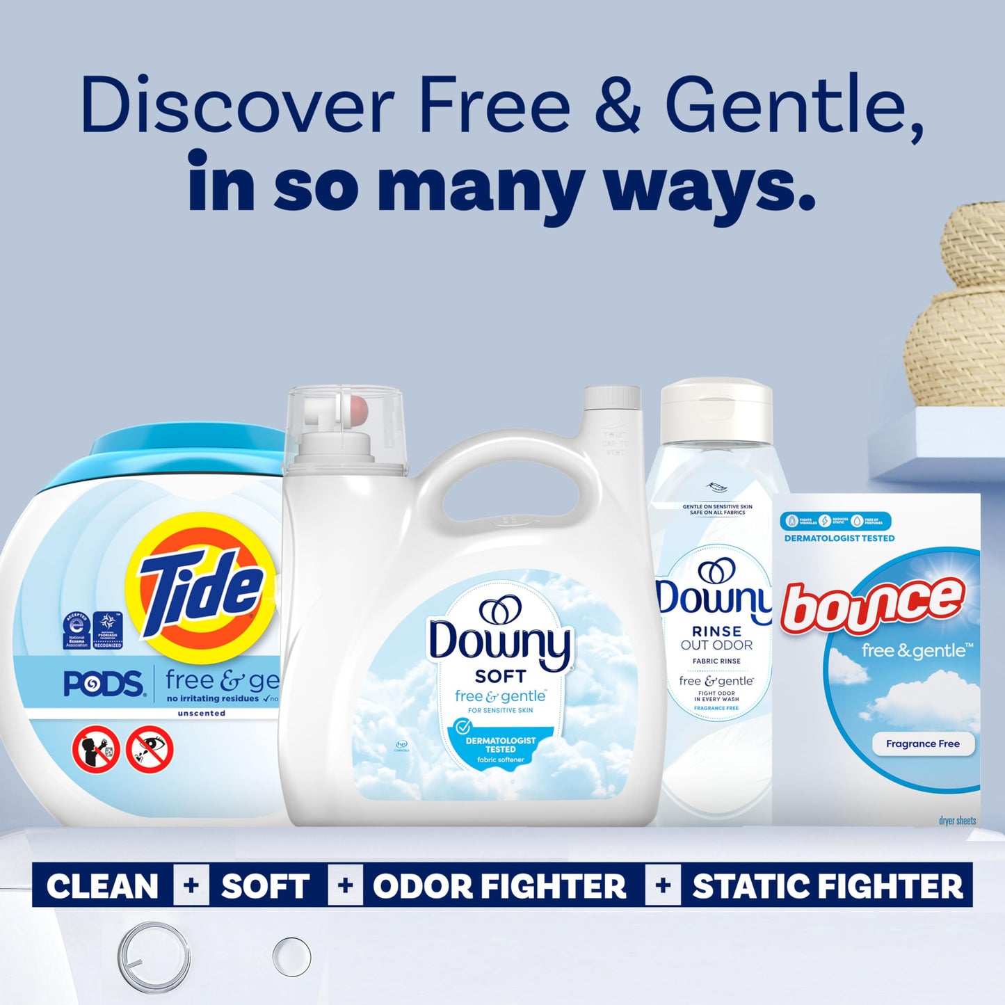 Downy Free & Gentle Liquid Fabric Softener, 140 fl oz, 190 Loads, Hypoallergenic, Sensitive Skin