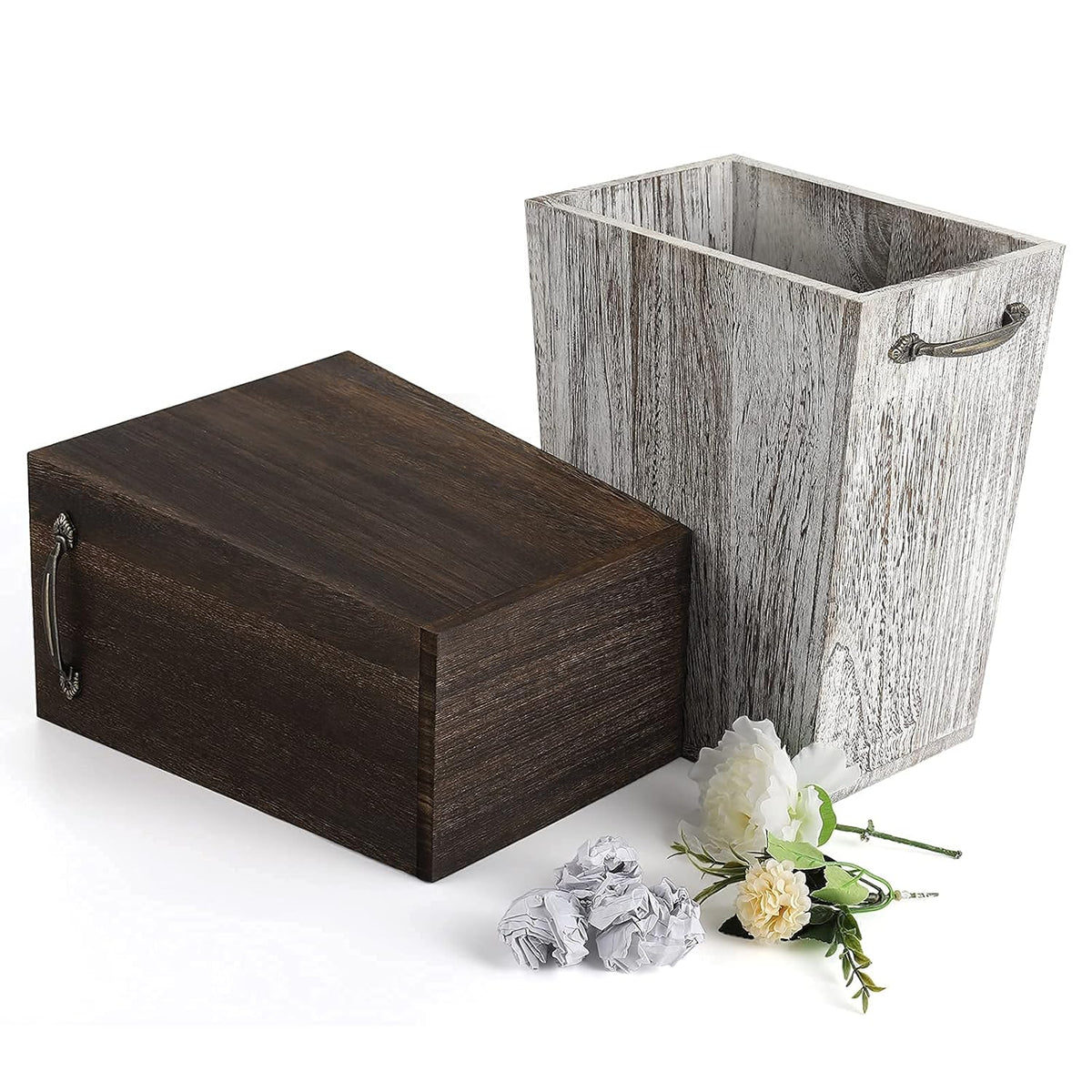 Trash Can Wastebasket Wood Garbage Container Bin with Built-in Double Metal Handles for Office