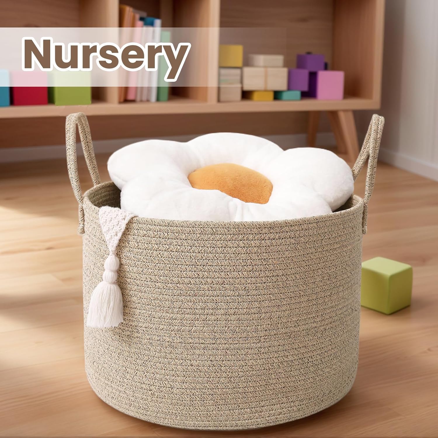 Woven Blanket Basket,65L Large Rope Storage Bin with Handles, Organizer for Blankets Toys Book and