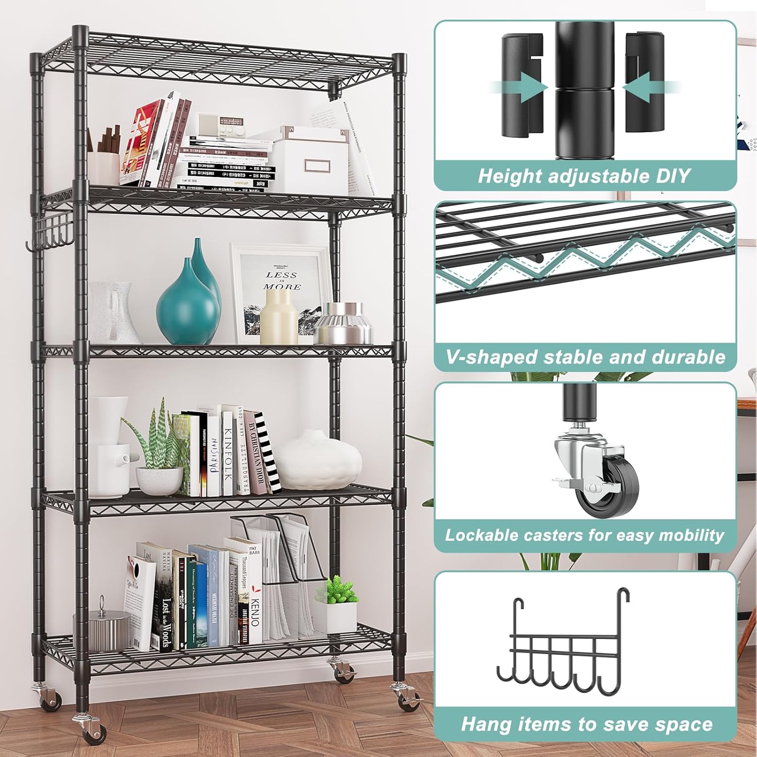 Himimi 5-Tier Storage Shelf Wire Shelving Unit on Wheels Heavy Duty Metal Shelves Adjustable Steel