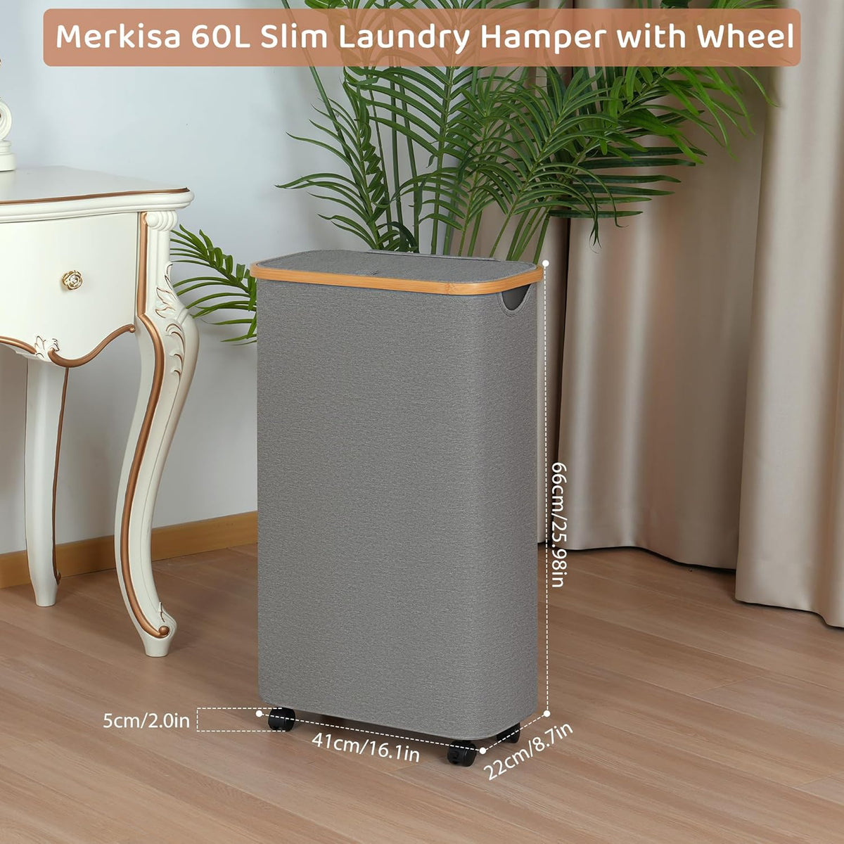 Slim Laundry Basket with Wheels,Narrow Hampers for Laundry, Laundry Hamper with Lid&Bamboo