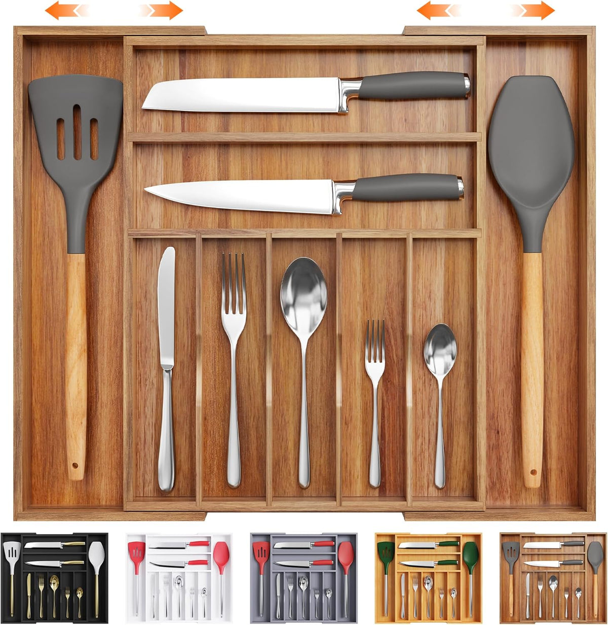 Bellsal Large Premium Acacia Wood Silverware Organizer - Expandable Utensil Drawer Organizer