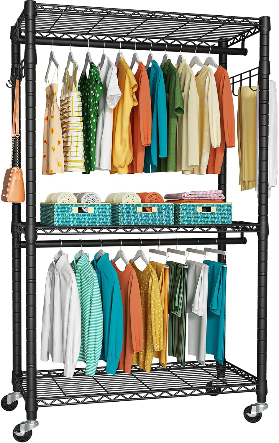 FUTASSI P1 Heavy Duty Garment Rack, 3 Tiers Adjustable Rolling Metal Closet Organizer with Lockable