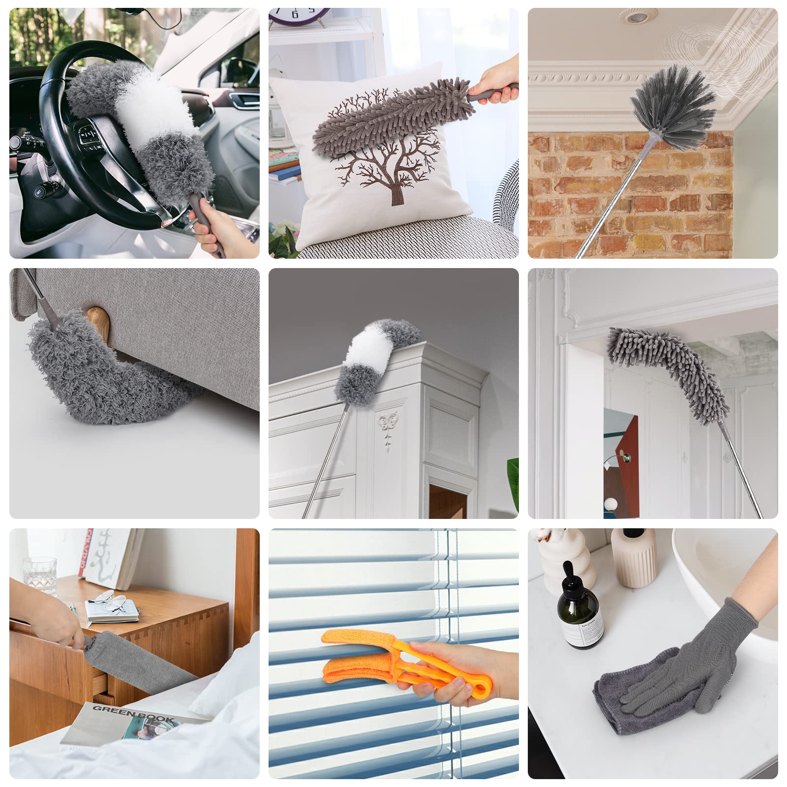12pcs Microfiber Dusters, Duster with Extension Pole(Stainless Steel) 30 to 100'', Washable