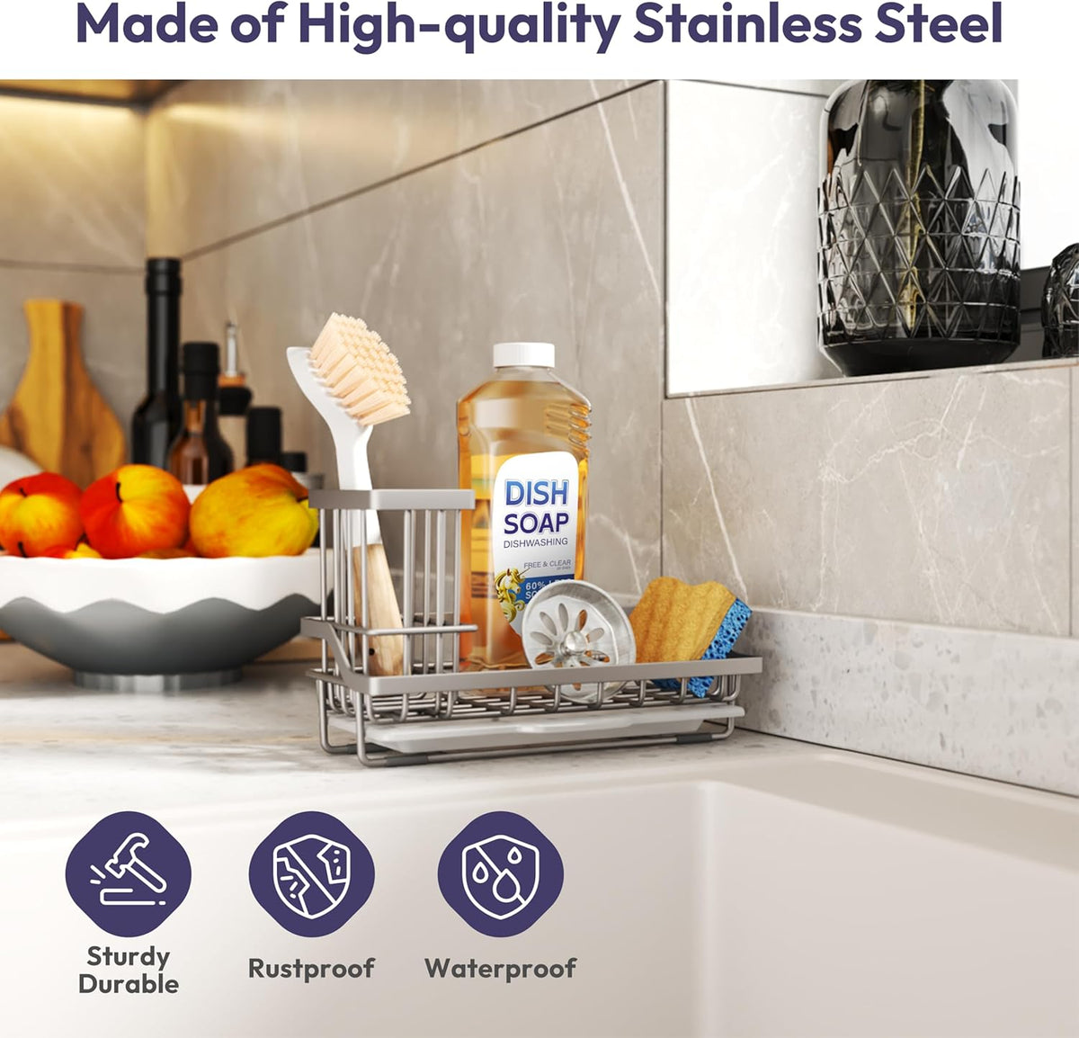 SWTYMIKI Sink Caddy Sponge Holder - Kitchen Sink Organizer with High Brush Holder for Countertop to