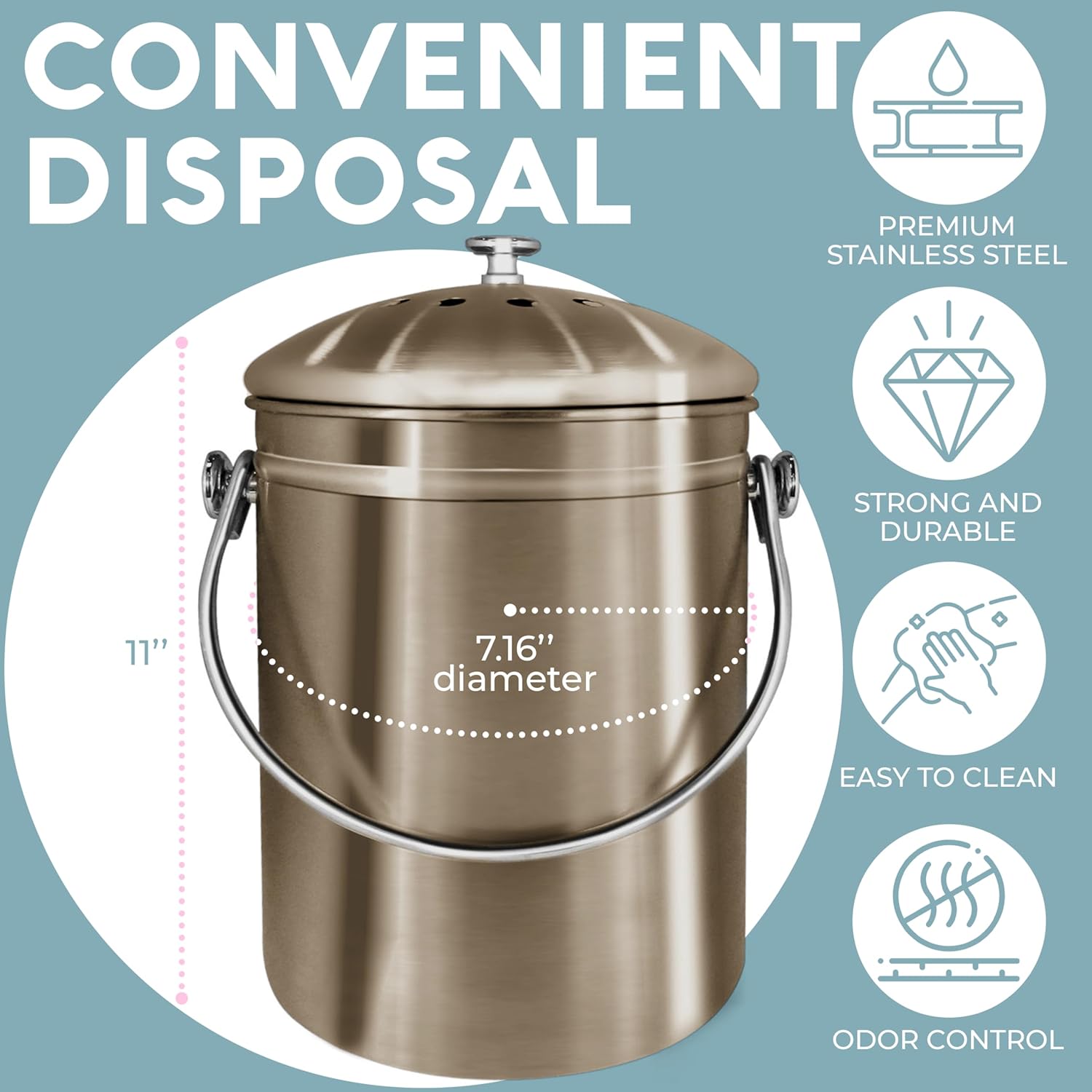 EPICA Countertop Compost Bin Kitchen | 1.3 Gallon | Odorless Composting Bin with Carbon Filters |