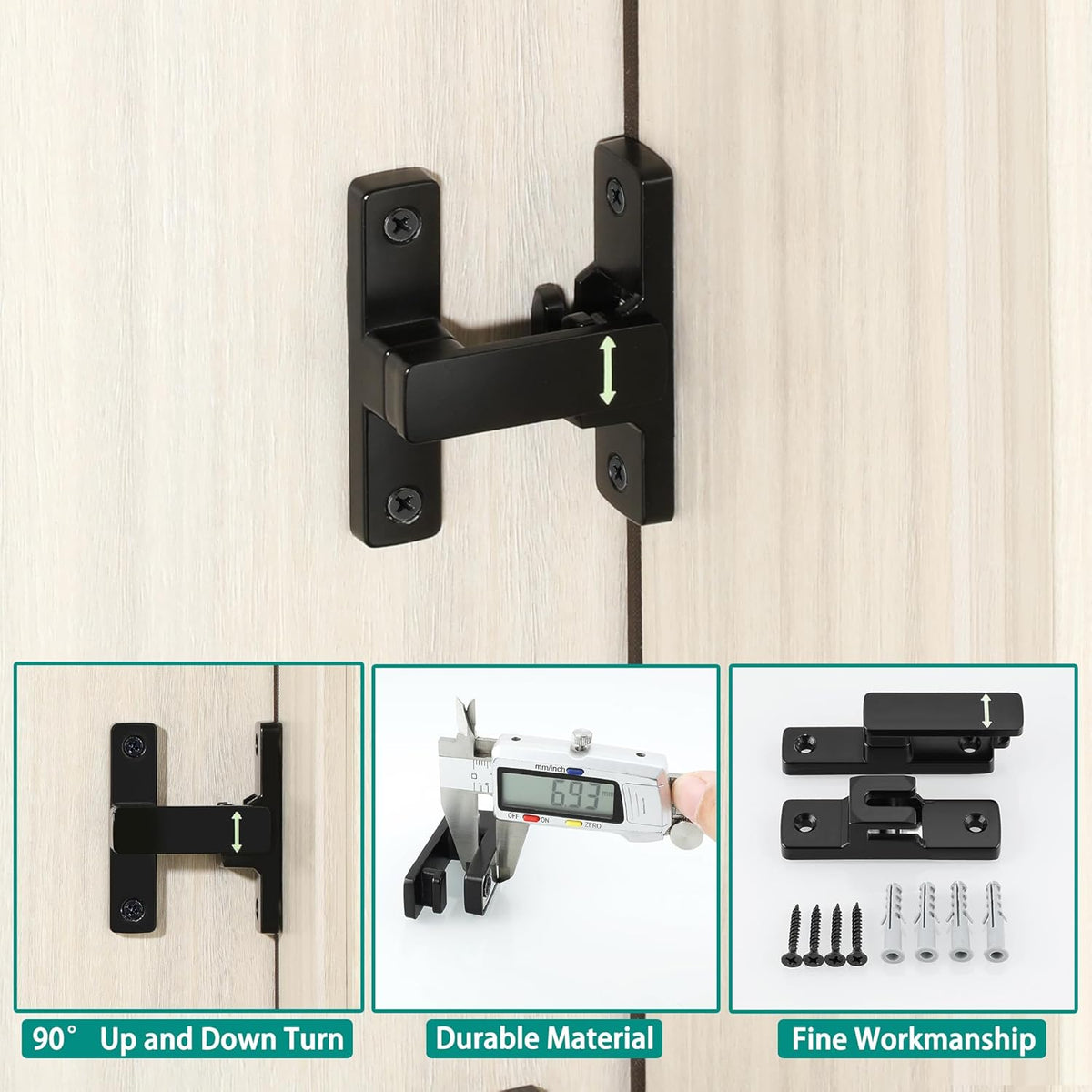 90/180 Degree Flip Latch Gate Latch, Heavy Duty Black Safety Door Lock Enhanced Security Flip Latch