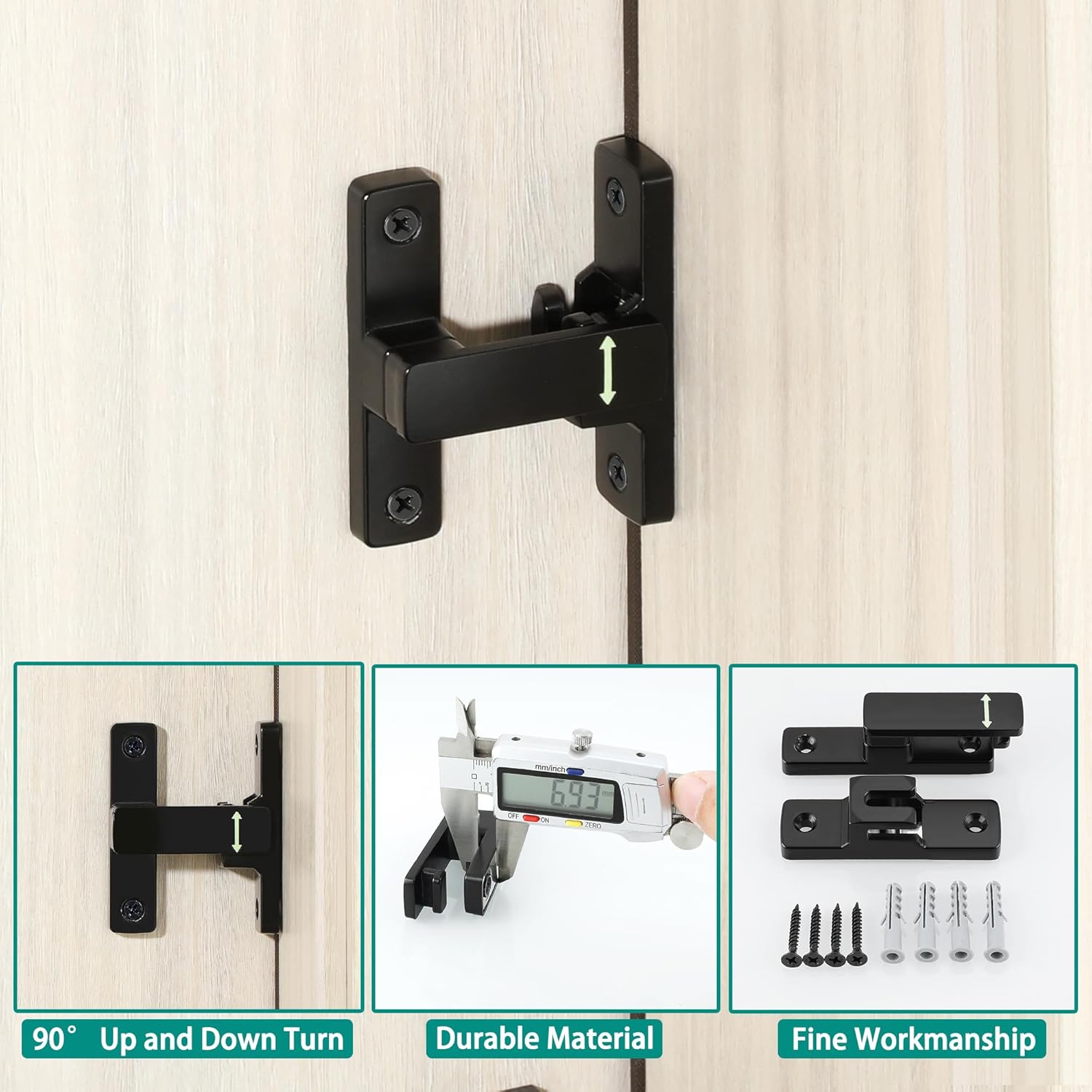 90/180 Degree Flip Latch Gate Latch, Heavy Duty Black Safety Door Lock Enhanced Security Flip Latch