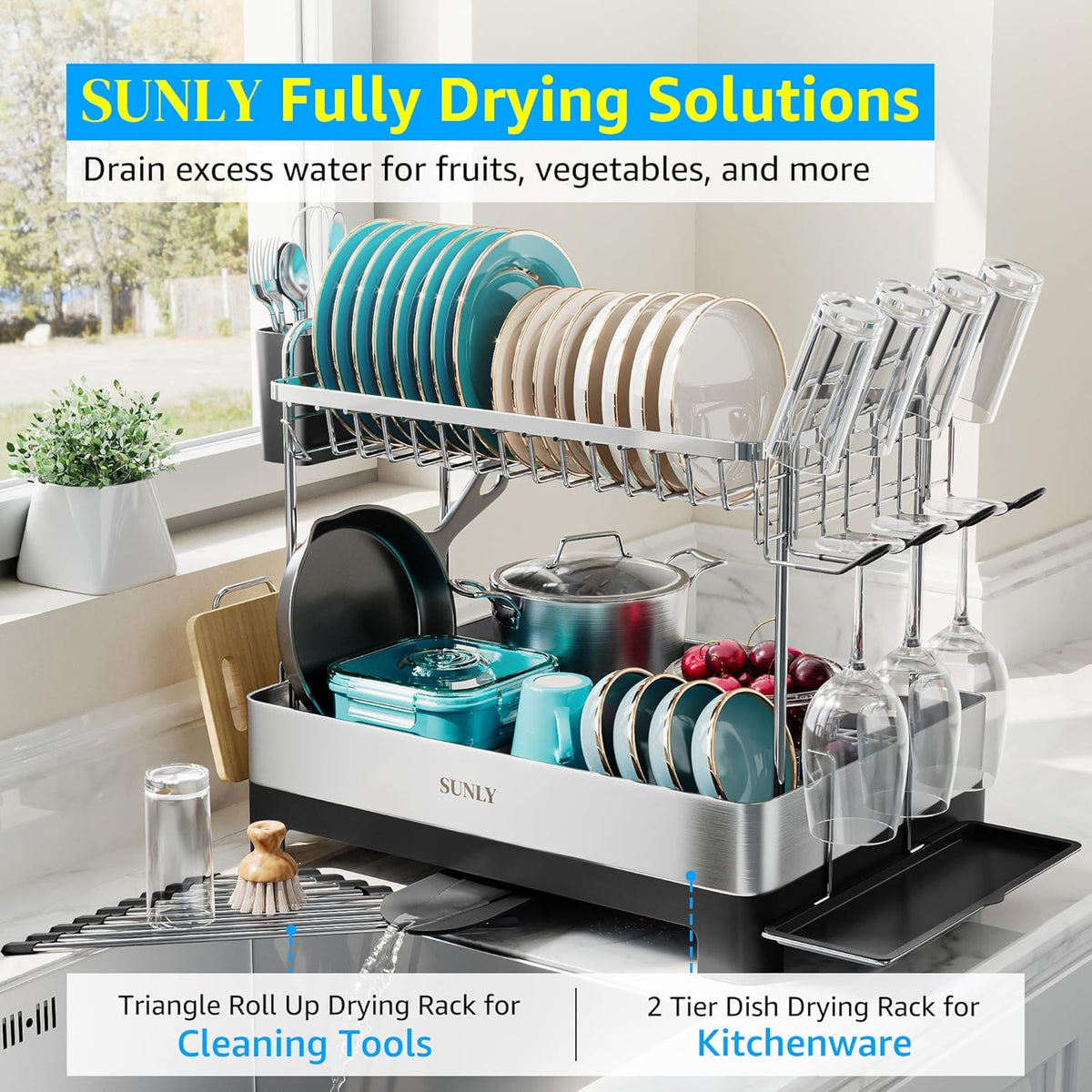 SUNLY 2 Tier Dish Drying Rack, Extra Large Dish Rack, Multifunctional Large Dish Drainers for