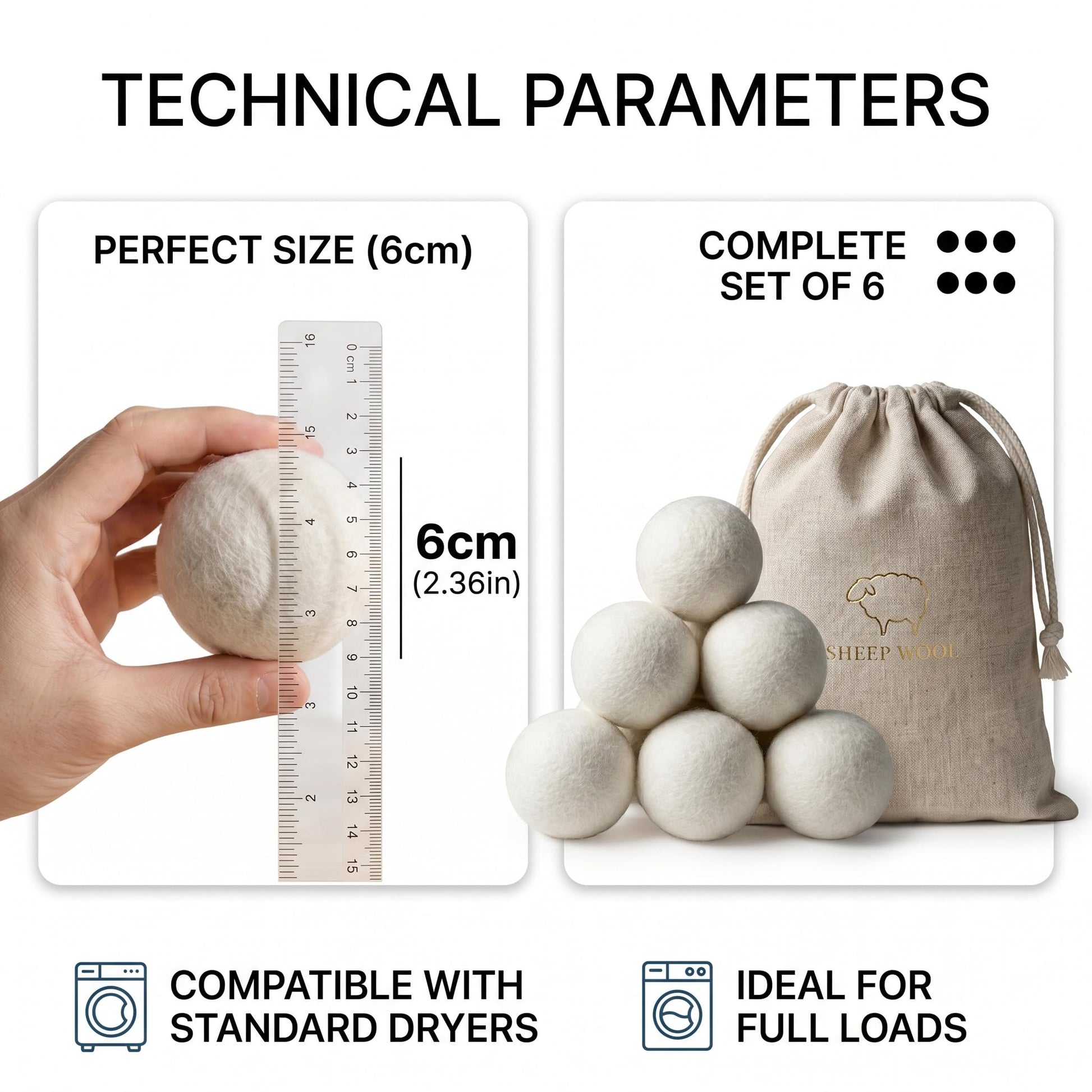 XL Wool Dryer Balls (6-Pack) - 100% Organic New Zealand Wool Laundry Balls for Dryer - Natural