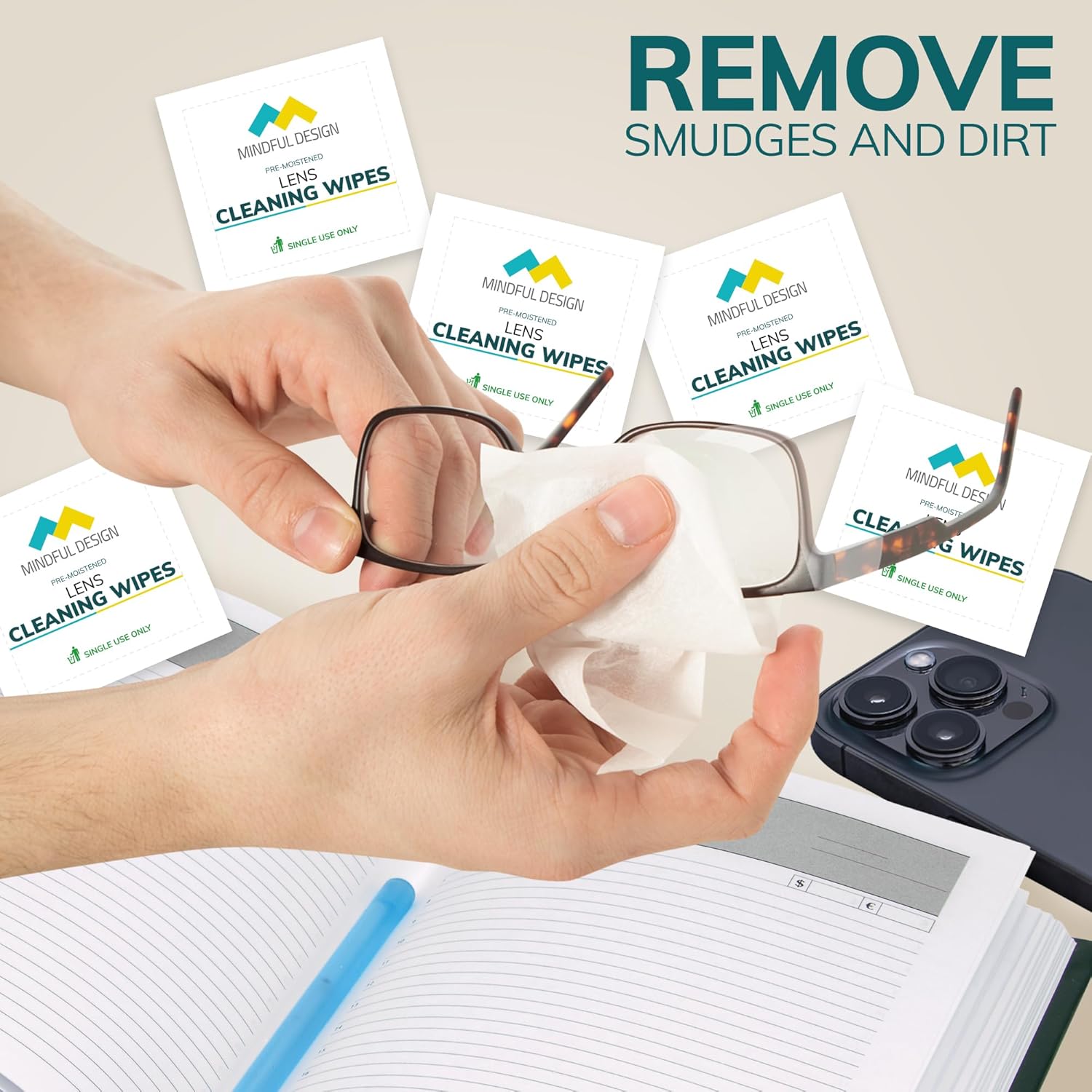 Mindful Design Lens Cleaning Wipes for Eyeglasses, 210ct - Individually Wrapped, Eye Glass