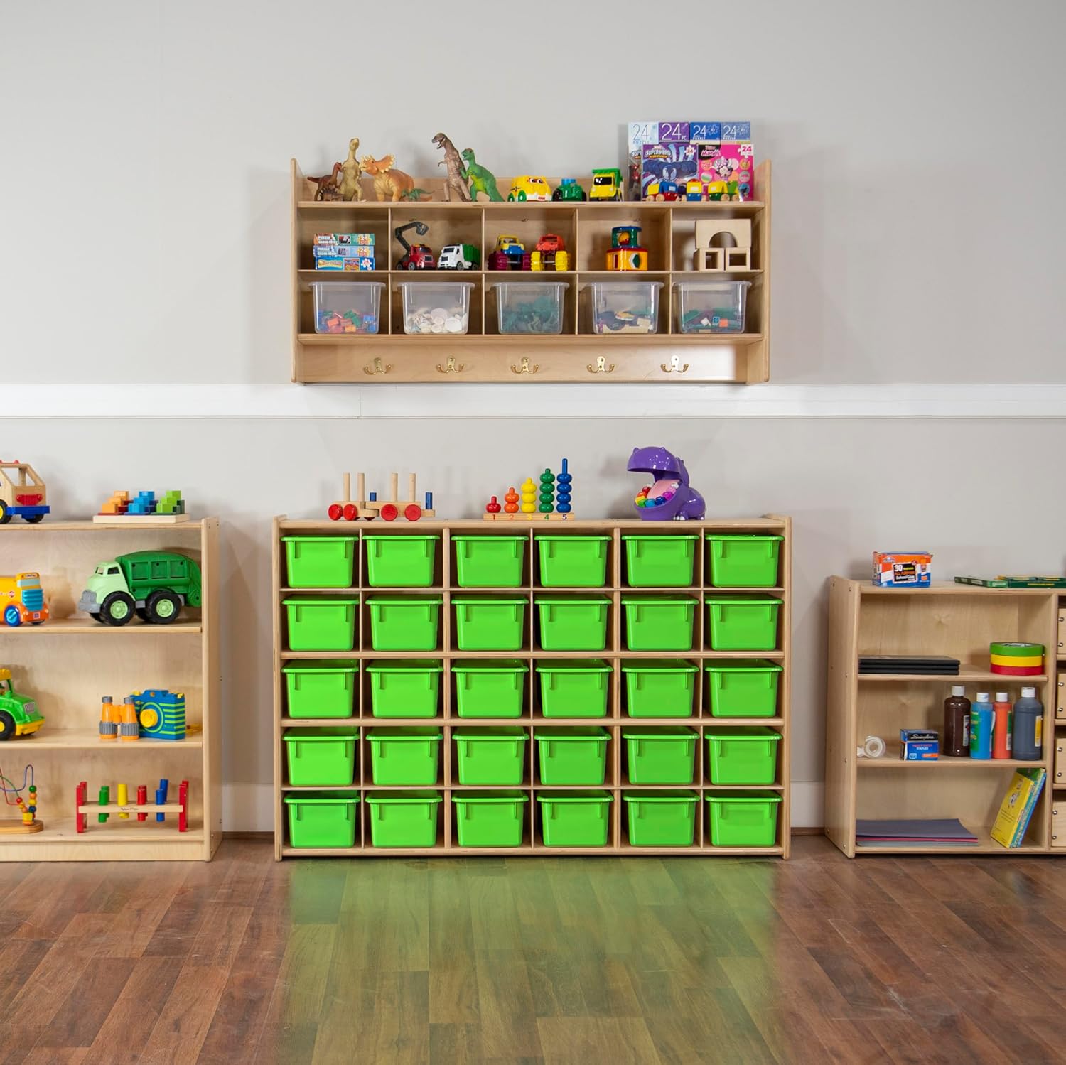 Wood Designs Cubby Storage Bin, Heavy Duty Plastic Containers for Kids Lime Green Cubby Tray Set of