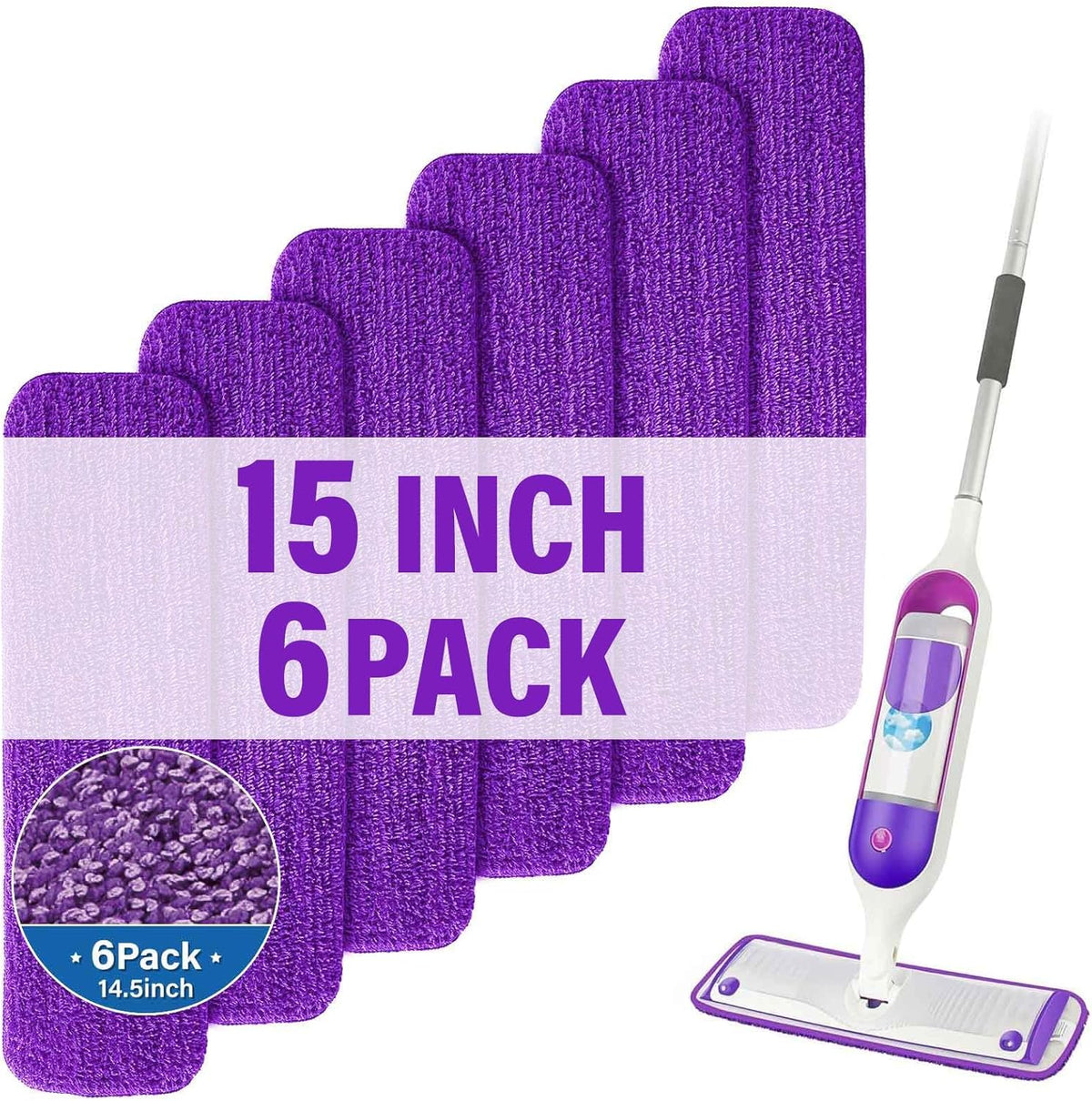 15 inch Mop Pads Refills, 6 Pack Microfiber Reusable Replacement Mop Pads Flat Replacements Heads