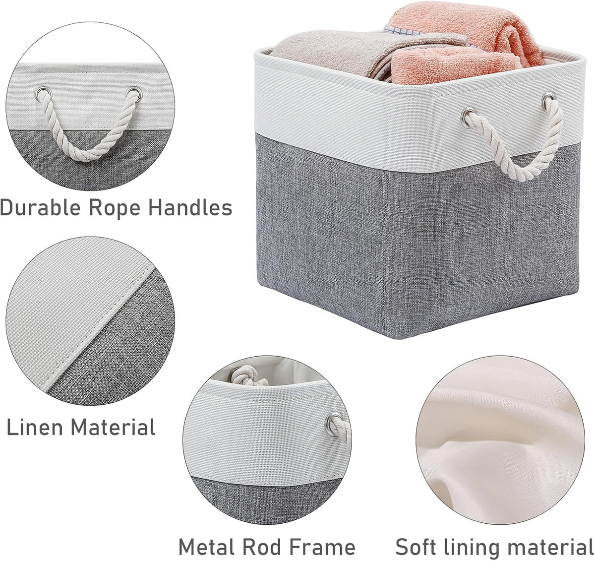 12 x 12 Inch Cube Storage Bins, 6 Pack Large Collapsible Fabric Storage Bin with Ropes, Foldable