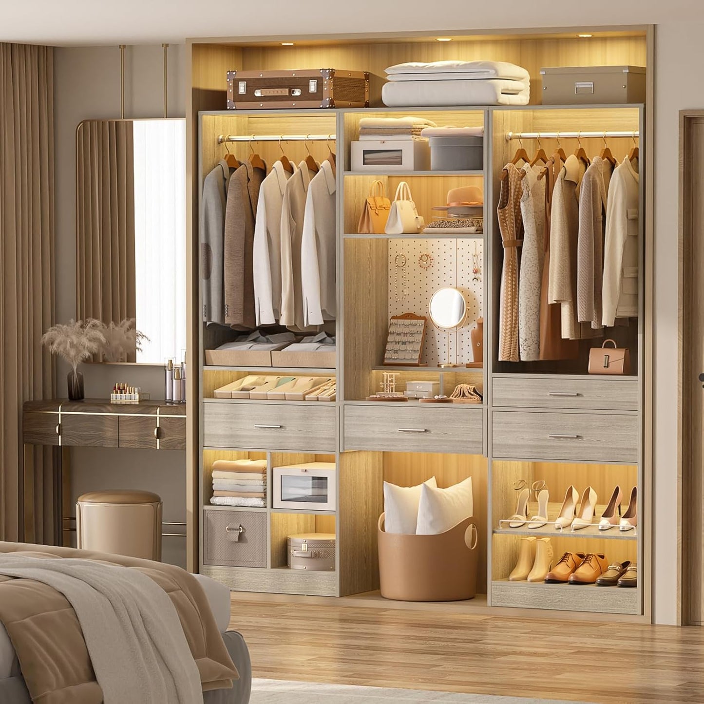 Unikito 75” Modular Closet System, Freestanding Closet Organizer with Hanging Rods, Drawers