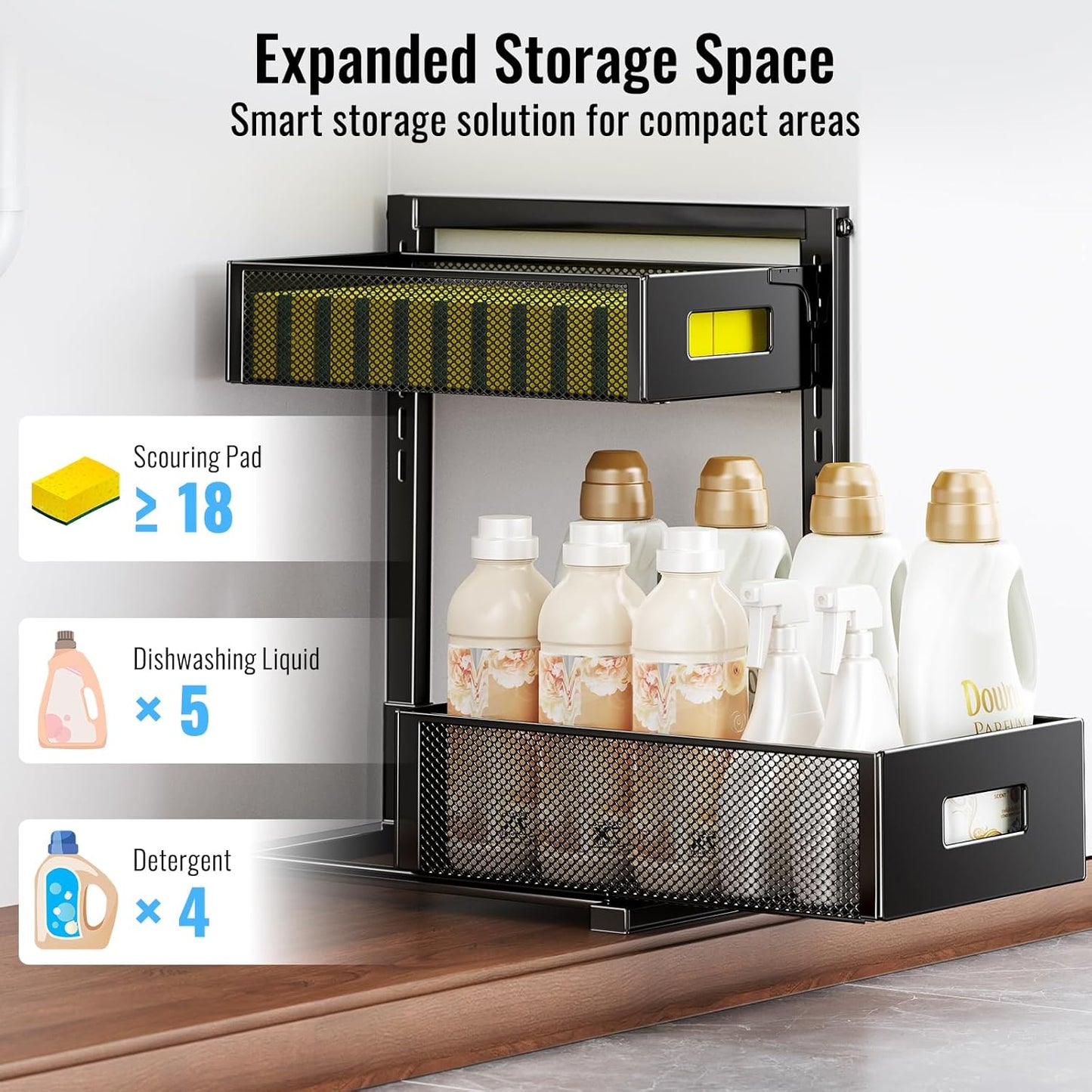 Under Sink Organizer, Silk-Smooth Metal Sliding Drawer Organizers and Storage Rack, Pull Out