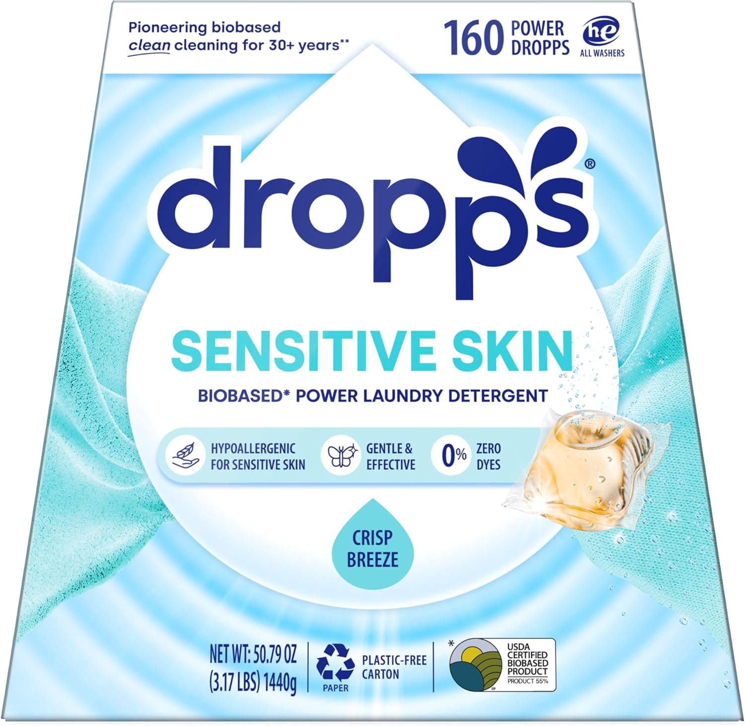 Dropps Sensitive Skin Laundry Detergent Pods, Crisp Breeze (160 Count) - Dermatologist Tested