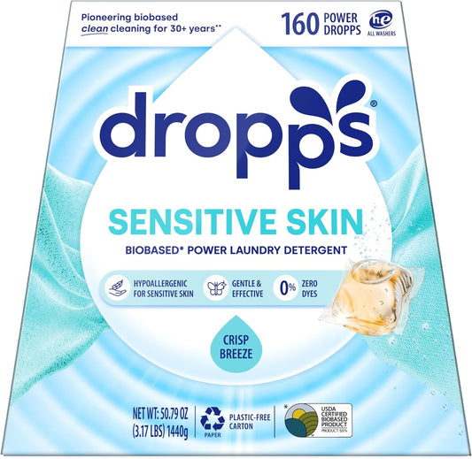 Dropps Sensitive Skin Laundry Detergent Pods, Crisp Breeze (160 Count) - Dermatologist Tested