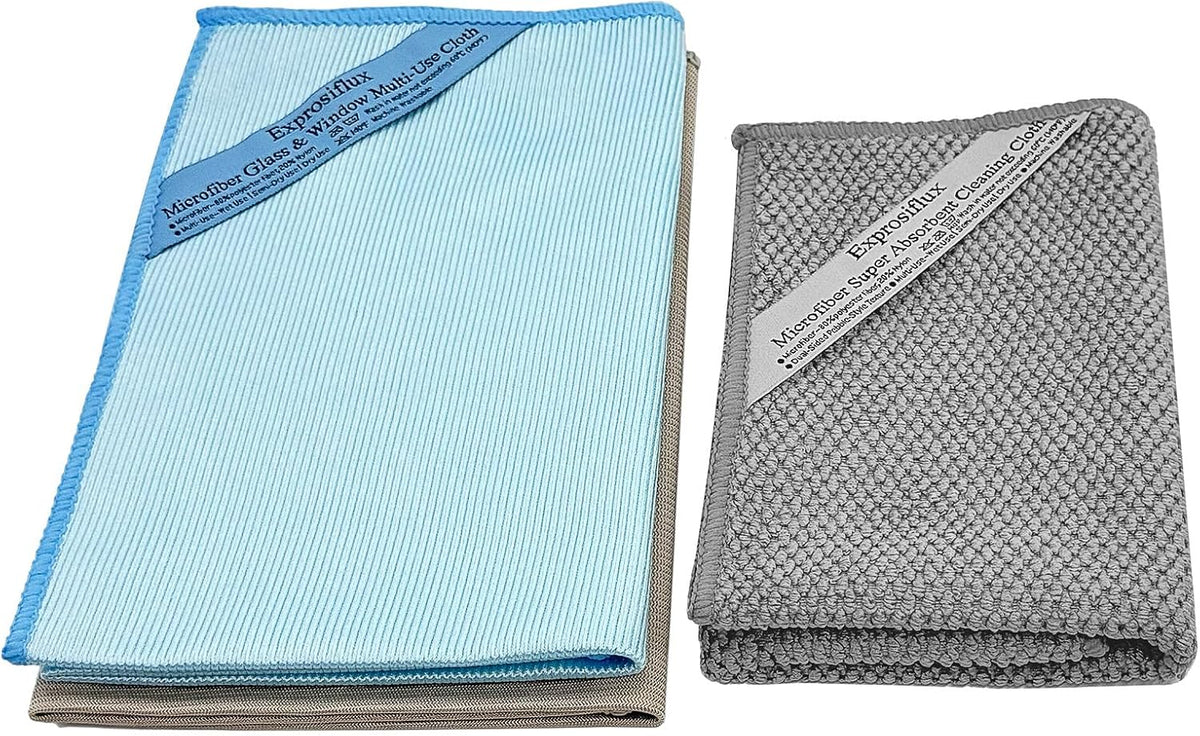 2-Step Glass Cleaning Cloth 3-Pack - Lint-Free Microfiber Towels Polish & Scrub Kit - Water Only