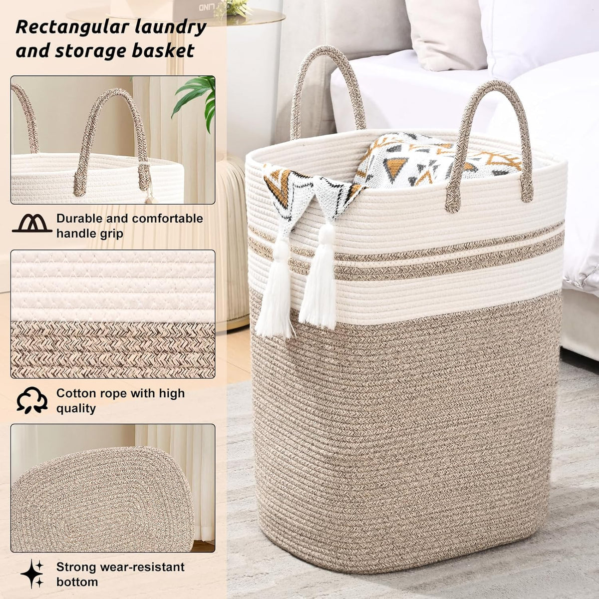 Woven Laundry Basket for Clothes, 100 L Large Rectangle Laundry Hampers, Nursery Storage Basket for