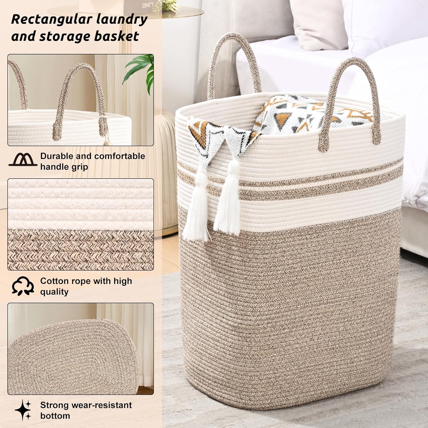 Woven Laundry Basket for Clothes, 100 L Large Rectangle Laundry Hampers, Nursery Storage Basket for