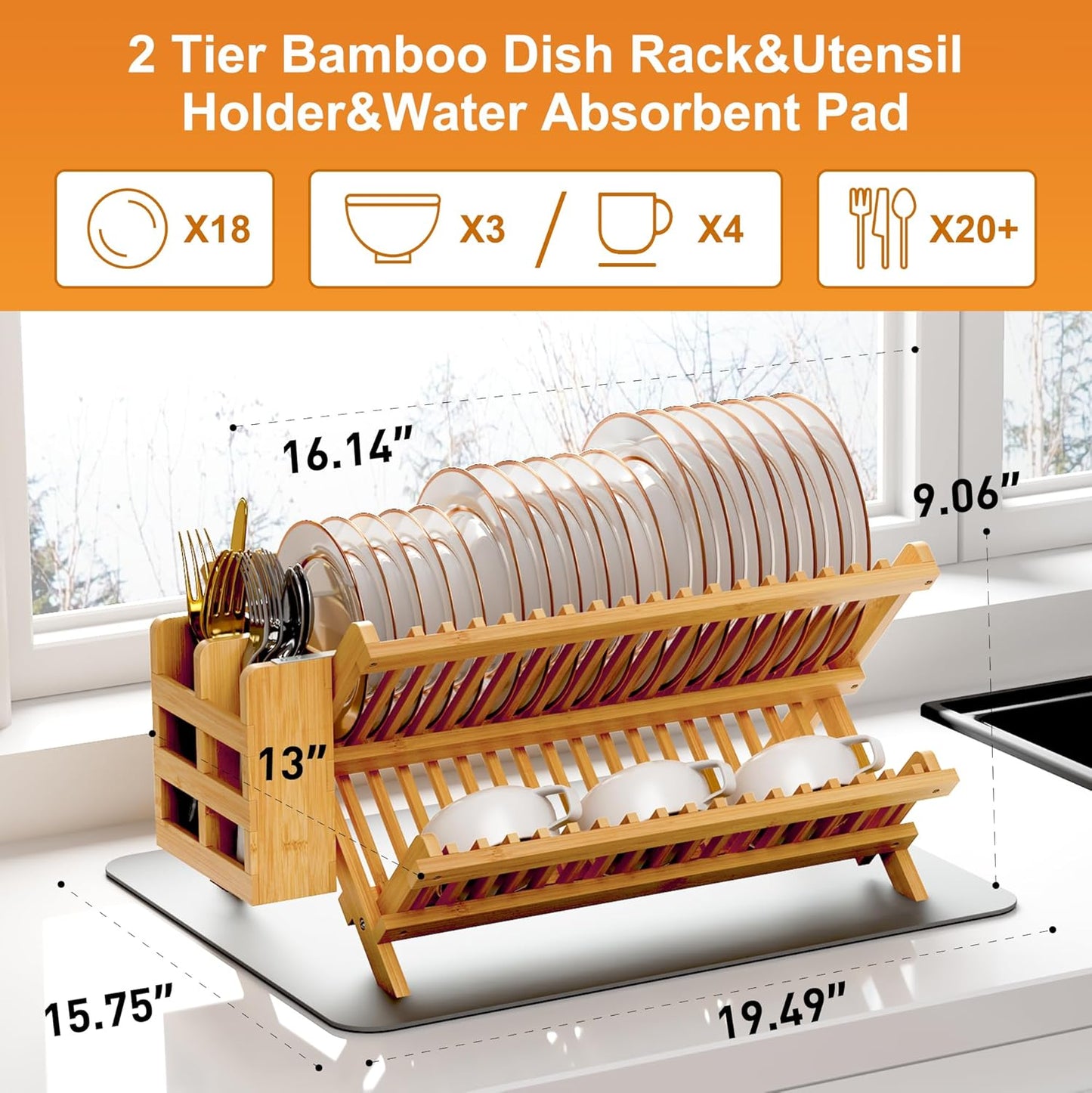 Greenual Bamboo Dish Drying Rack with Utensil Holder, 2 Tier Collapsible Dish Rack, Wooden Dish