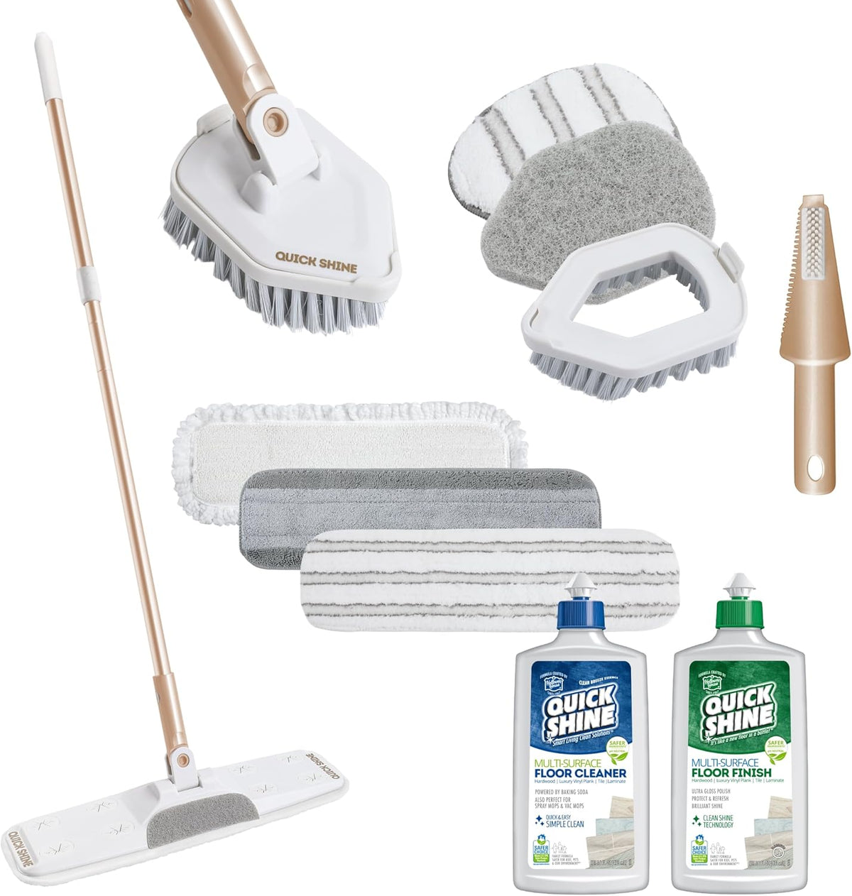 Quick Shine Ultimate Gold Clean + Polish Mop Kit | All-in-One 11 Pc Kit w/Interchangeable