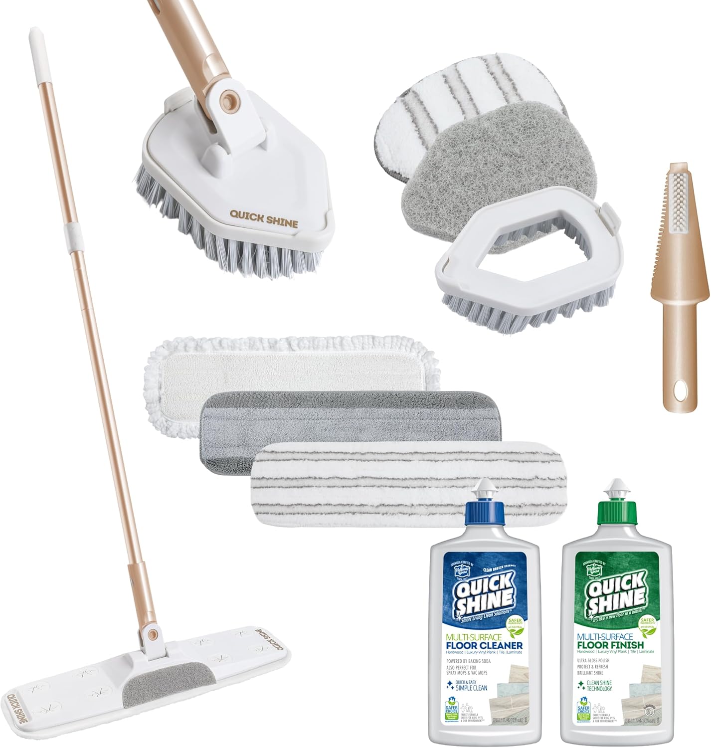 Quick Shine Ultimate Gold Clean + Polish Mop Kit | All-in-One 11 Pc Kit w/Interchangeable