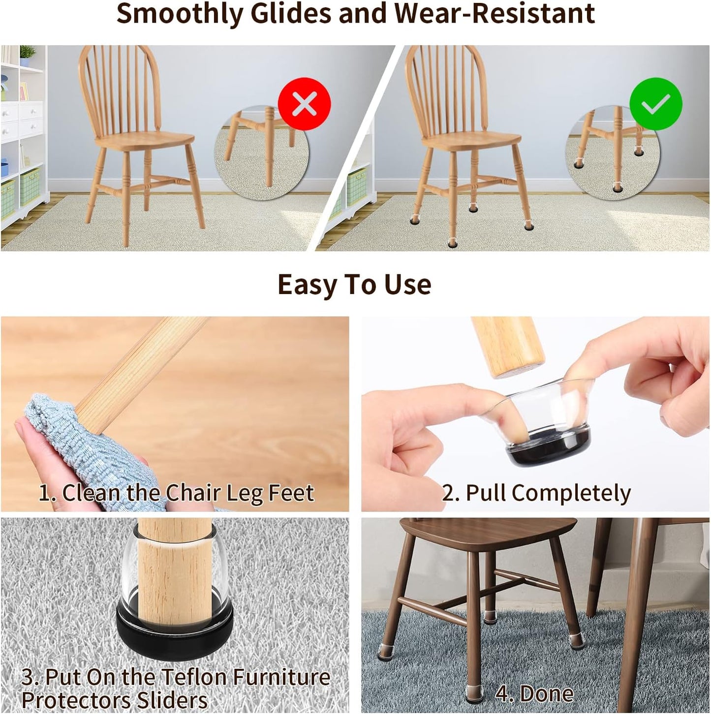 Ezprotekt 24 Pcs Clear Chair Leg Sliders for Carpet, Round Teflon Furniture Glides for Rug, Carpet