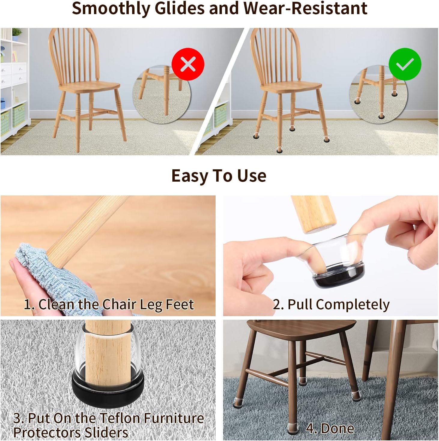 Ezprotekt 24 Pcs Clear Chair Leg Sliders for Carpet, Round Teflon Furniture Glides for Rug, Carpet
