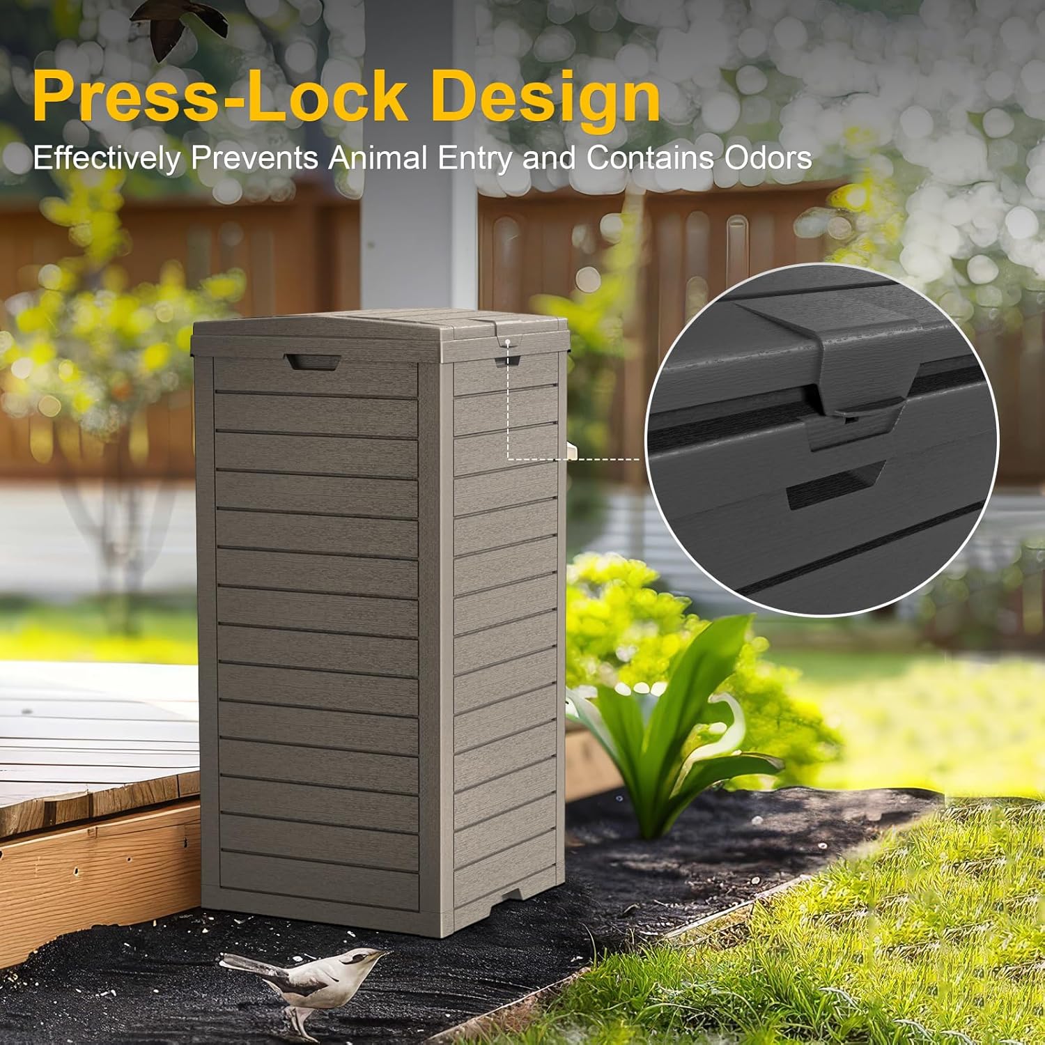 31 Gallon Outdoor Trash Can with Tiered Lid and Drip Tray,Waterproof Resin Waste Bin