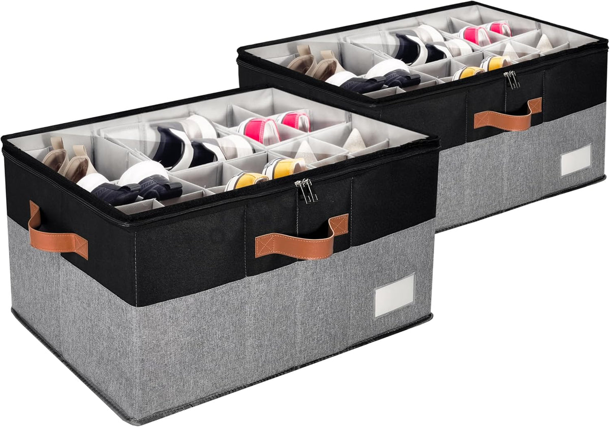 2 Pack Shoe Organizer for Closet, Adjustable Shoe Box Storage Containers, Large Foldable Shoe Bins